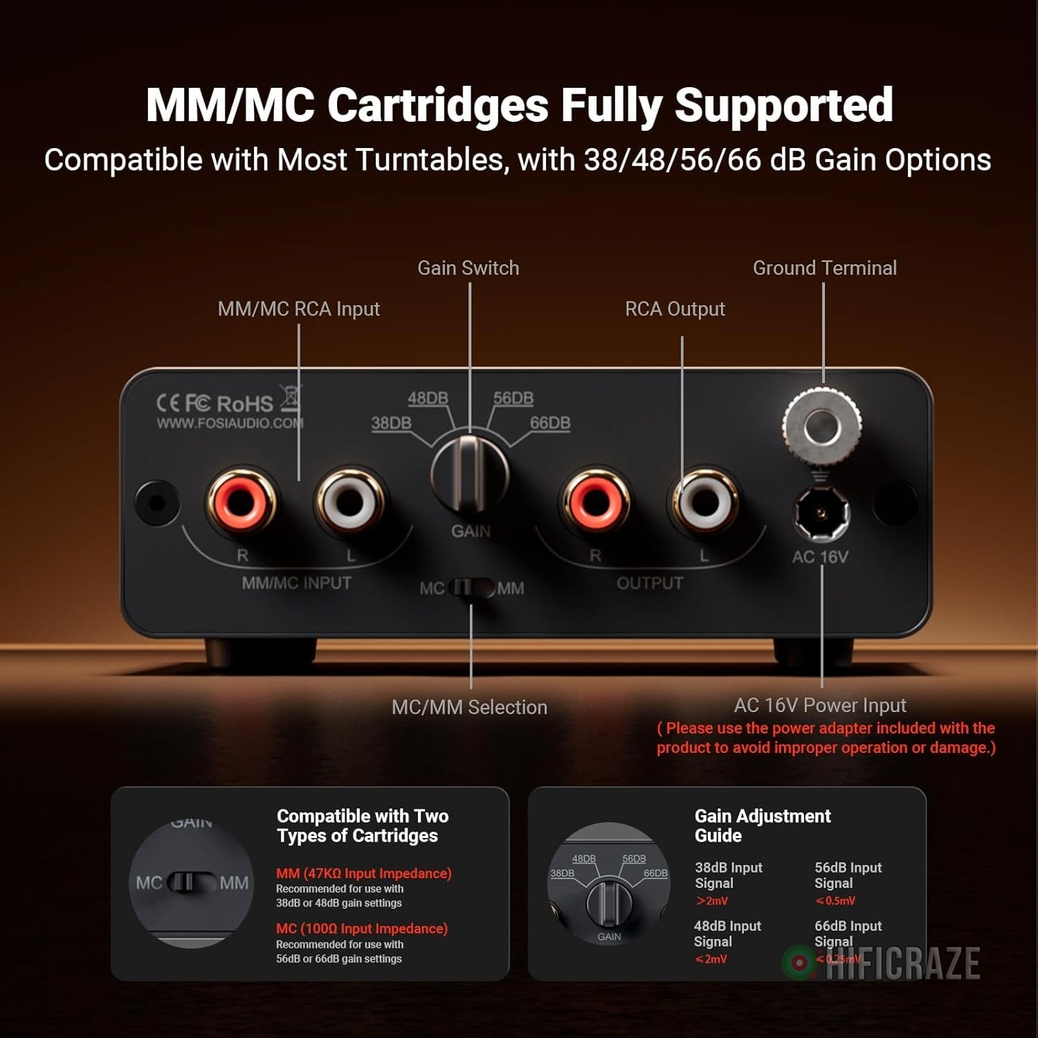 Fosi Audio Box X5 Phono Preamp for Turntable, Mini Preamplifier Home Audio for MM & MC Cartridge Turntable/Phonograph Record Player/Active Speakers, 4-Level Adjustable Gain 38/48/56/66 dB with RCA - Image 7