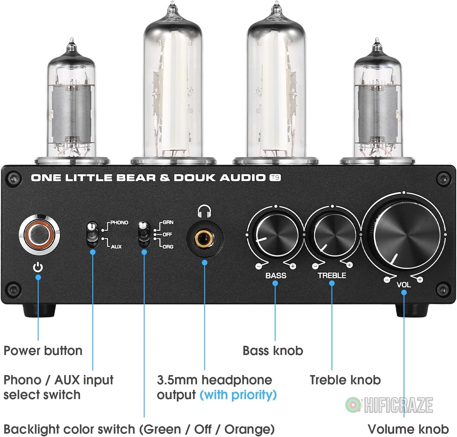 Douk Audio T9 Vacuum Tube Phono Preamp Stereo Turntable Preamplifier with Headphone Output and Treble Bass Control for MM/MC Record Player, Home Hi-Fi Audio, Amplifier, Speaker 6 Douk Audio T9 Vacuum Tube Phono Preamp Stereo Turntable Preamplifier with Headphone Output and Treble Bass Control for MM/MC Record Player, Home Hi-Fi Audio, Amplifier, Speaker - Image 6