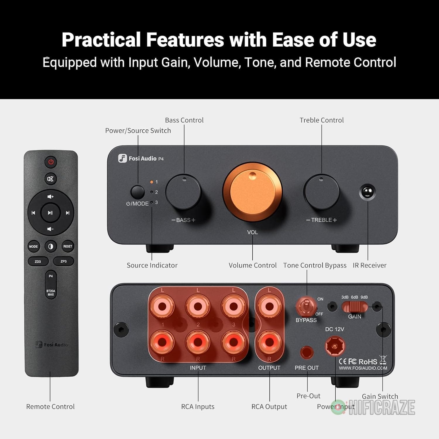 Fosi Audio P4 Mini Preamp with 3 RCA Inputs, Home Audio Stereo Pre amp for Amplifier/Active Subwoofer/Speakers, Preamplifier with 3-Level Adjustable Gain 3/6/9 dB, Bass and Treble Control 3 Fosi Audio P4 Mini Preamp with 3 RCA Inputs, Home Audio Stereo Pre amp for Amplifier/Active Subwoofer/Speakers, Preamplifier with 3-Level Adjustable Gain 3/6/9 dB, Bass and Treble Control - Image 3