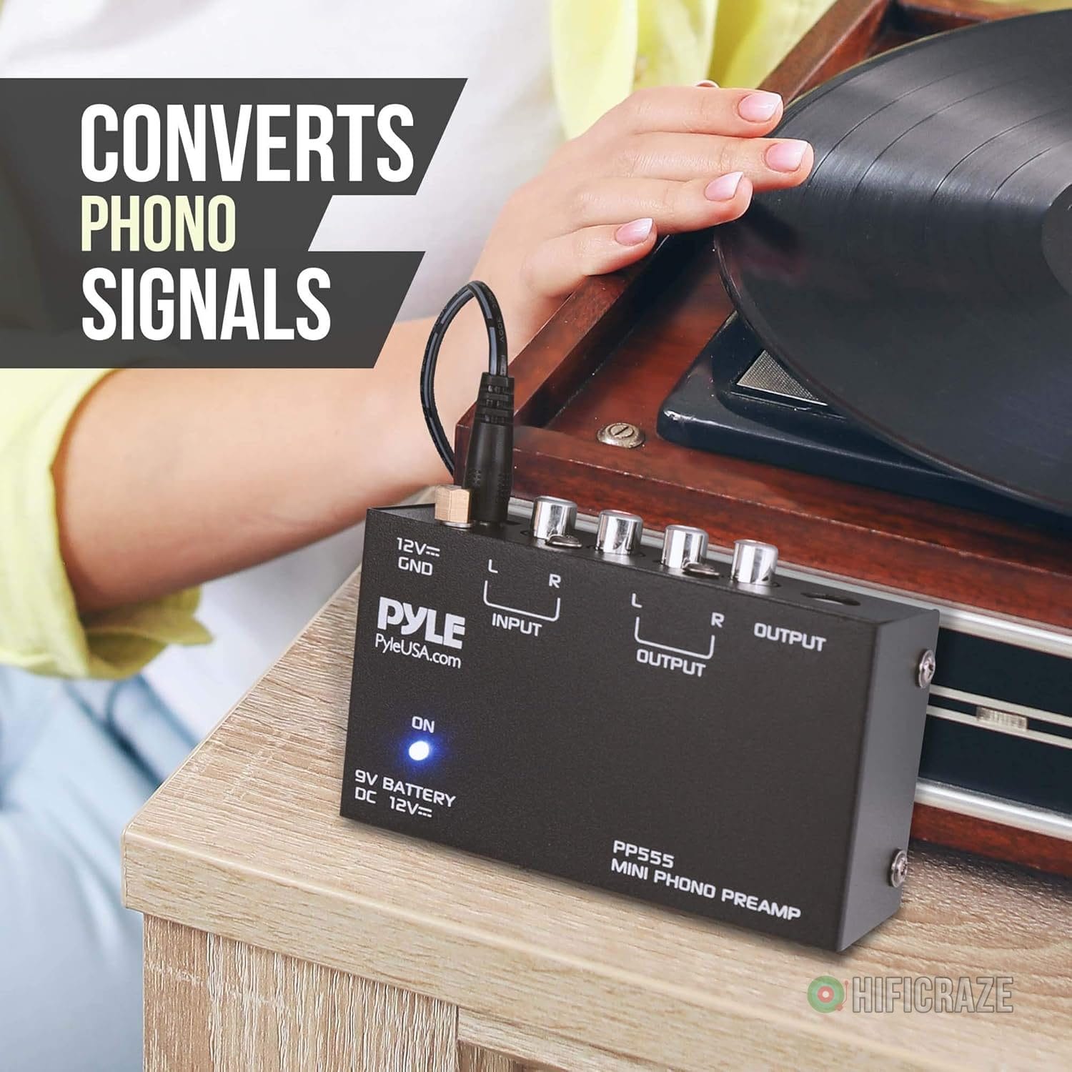 Pyle Phono Turntable Preamp - Mini Stereo Preamplifier with 9V Battery - 12V DC Power Adapter - RCA Input/Output - Low Noise - Ideal for Phonograph and Vinyl - PP555 3 Pyle Phono Turntable Preamp - Mini Stereo Preamplifier with 9V Battery - 12V DC Power Adapter - RCA Input/Output - Low Noise - Ideal for Phonograph and Vinyl - PP555 - Image 3