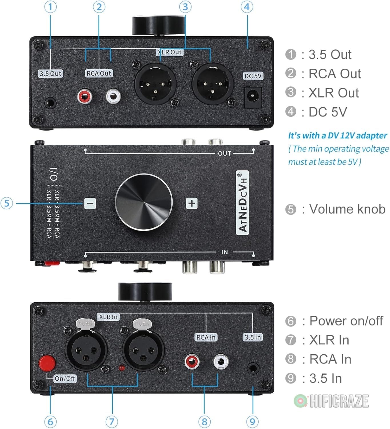 Stereo Audio Preamplifier - XLR Balanced RCA 3.5mm Input to XLR Balanced RCA 3.5mm Output Converter Adapter amp - Headphone Amplifier, Gain 20dB Phono Turntable Phonograph Preamp (Black) 5 Stereo Audio Preamplifier - XLR Balanced RCA 3.5mm Input to XLR Balanced RCA 3.5mm Output Converter Adapter amp - Headphone Amplifier, Gain 20dB Phono Turntable Phonograph Preamp (Black) - Image 5