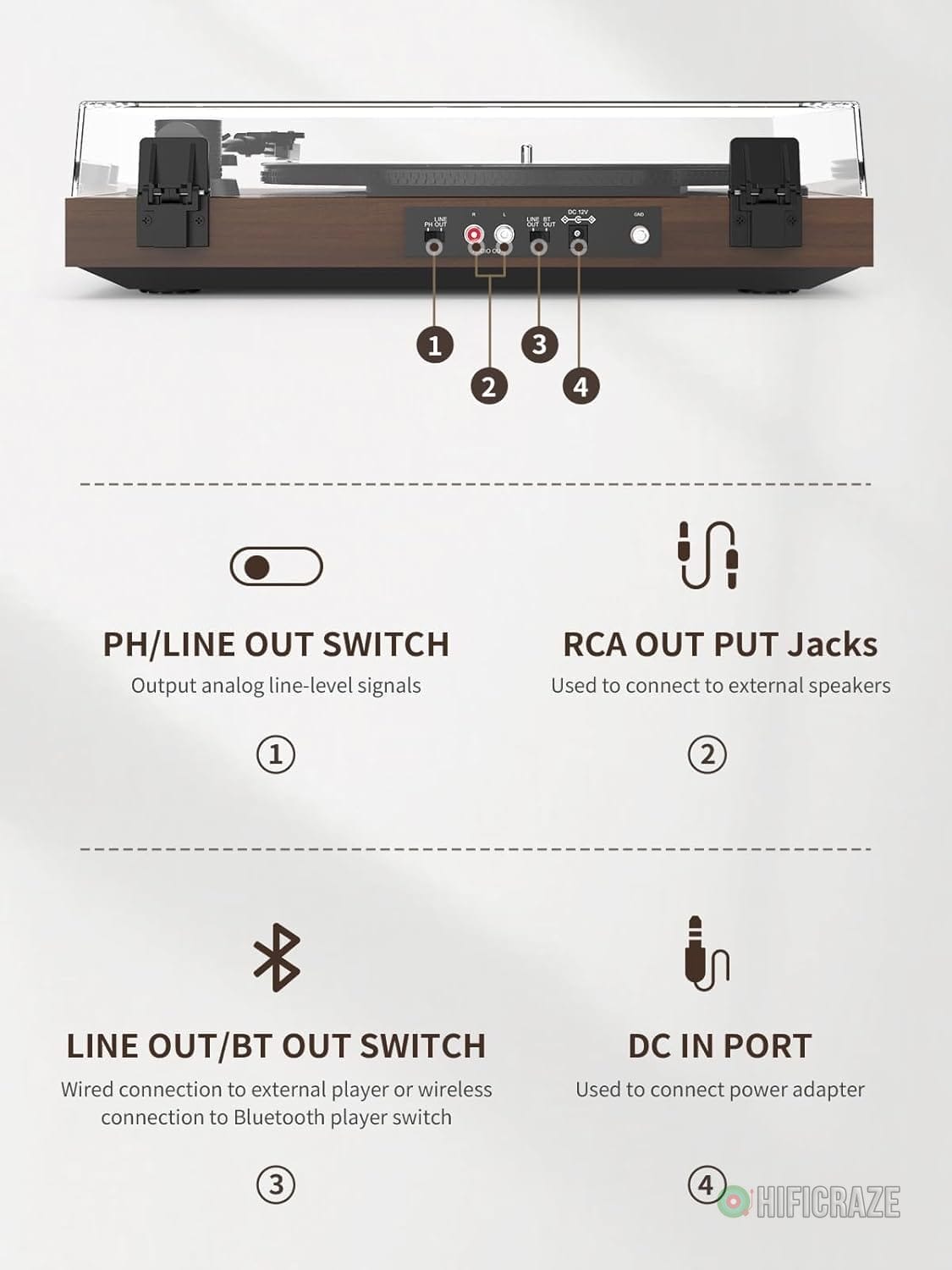 Record Player Belt-Drive Turntable with Bluetooth Output Connectivity Support 2 Speeds (33&45RPM) RCA Output Line Vinyl Record Player with Magnetic Cartridge Built-in Phono Pre-amp - Image 5