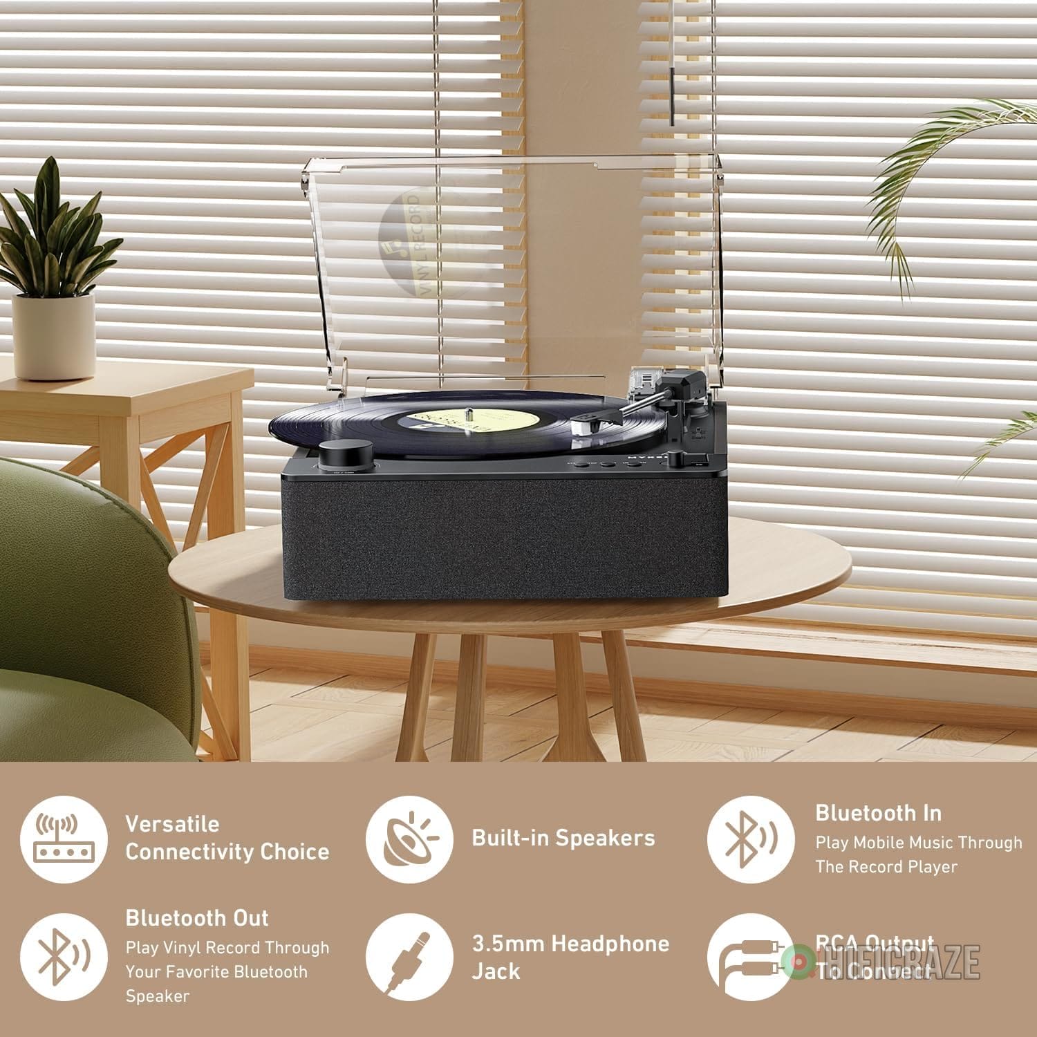 Fully Automatic Record Player, Bluetooth Belt Drive Vinyl Turntable, Magnetic AT-3600L Cartridge, Bluetooth in & Out, Hi-Fi Stereo Speakers, Aux in Headphone, RCA Out, Anti-Resonance - Black - Image 4