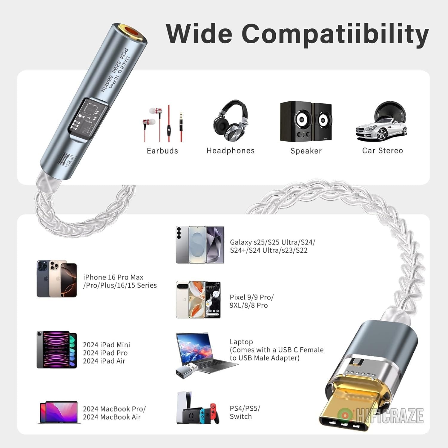 USB C to 3.5mm Audio Headphone Adapter DAC Dongle, CX31993 Audio Converter with HiFi Amplifier, Type C to AUX with USB-A Adapter for Android iPhone Mac Windows iPad Switch PS5 - Image 7