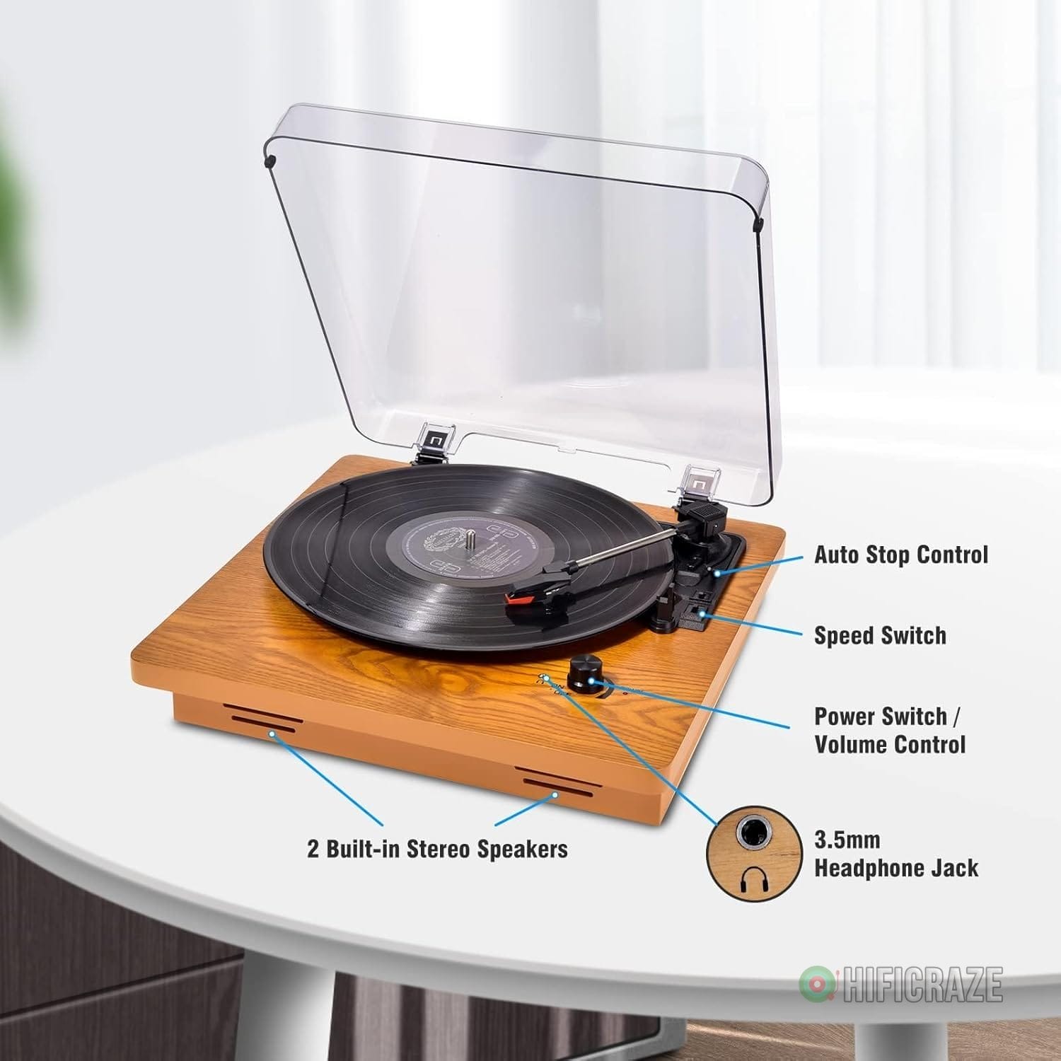 Record Player,Hall-Level Audio Quality Turntable,3-Speed Premium Wood Vinyl Player Suitable for Gift Giving,Home Decoration,Upgraded Stylus Reduces Risk of Record Damage-Natural Wood - Image 3