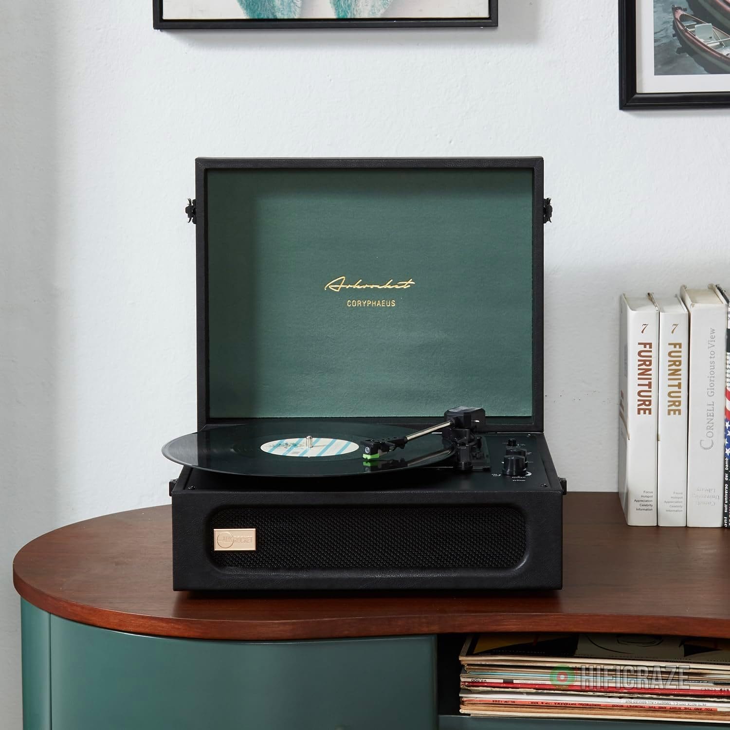 Arkrocket Coryphaeus Vinyl Record Player 3-Speed Bluetooth Input and Output Built-in Speakers with Magnetic Cartridge Auto Off (Black Green) - Image 6