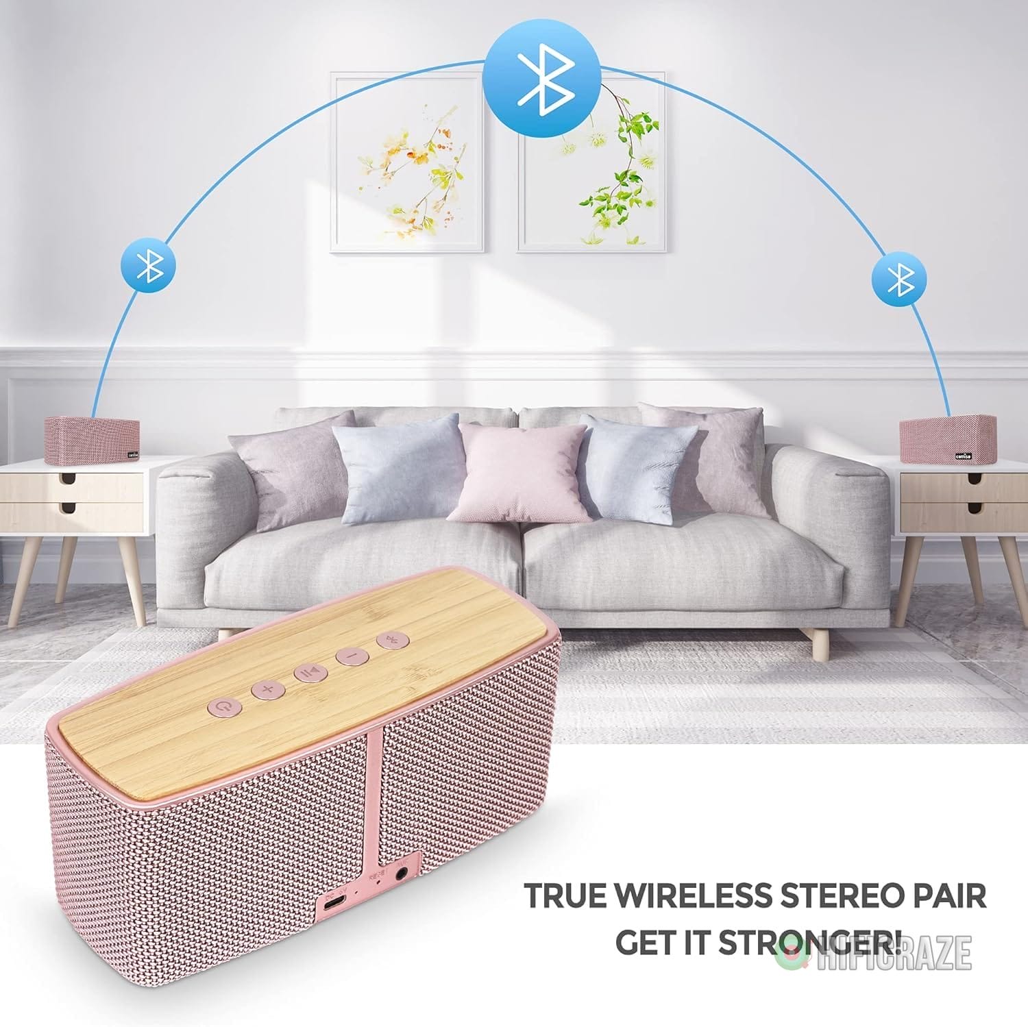 comiso Bluetooth Speakers, 20W Loud Wood Home Audio Outdoor Portable Wireless Speaker, Subwoofer Tweeters for Super Bass Stereo Sound Bluetooth 5.0 Handsfree 24H Playtime (Pink) - Image 3