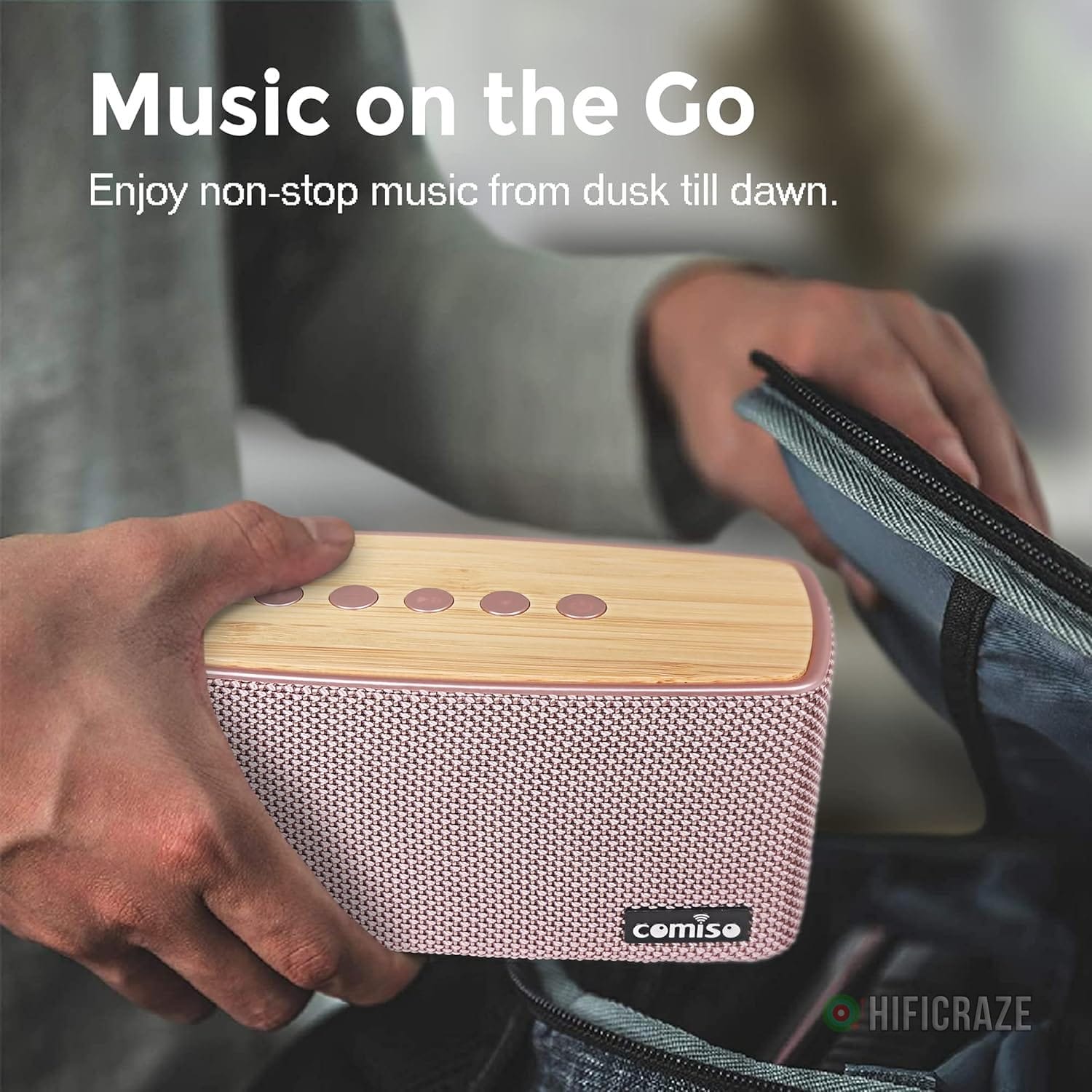 comiso Bluetooth Speakers, 20W Loud Wood Home Audio Outdoor Portable Wireless Speaker, Subwoofer Tweeters for Super Bass Stereo Sound Bluetooth 5.0 Handsfree 24H Playtime (Pink) - Image 5