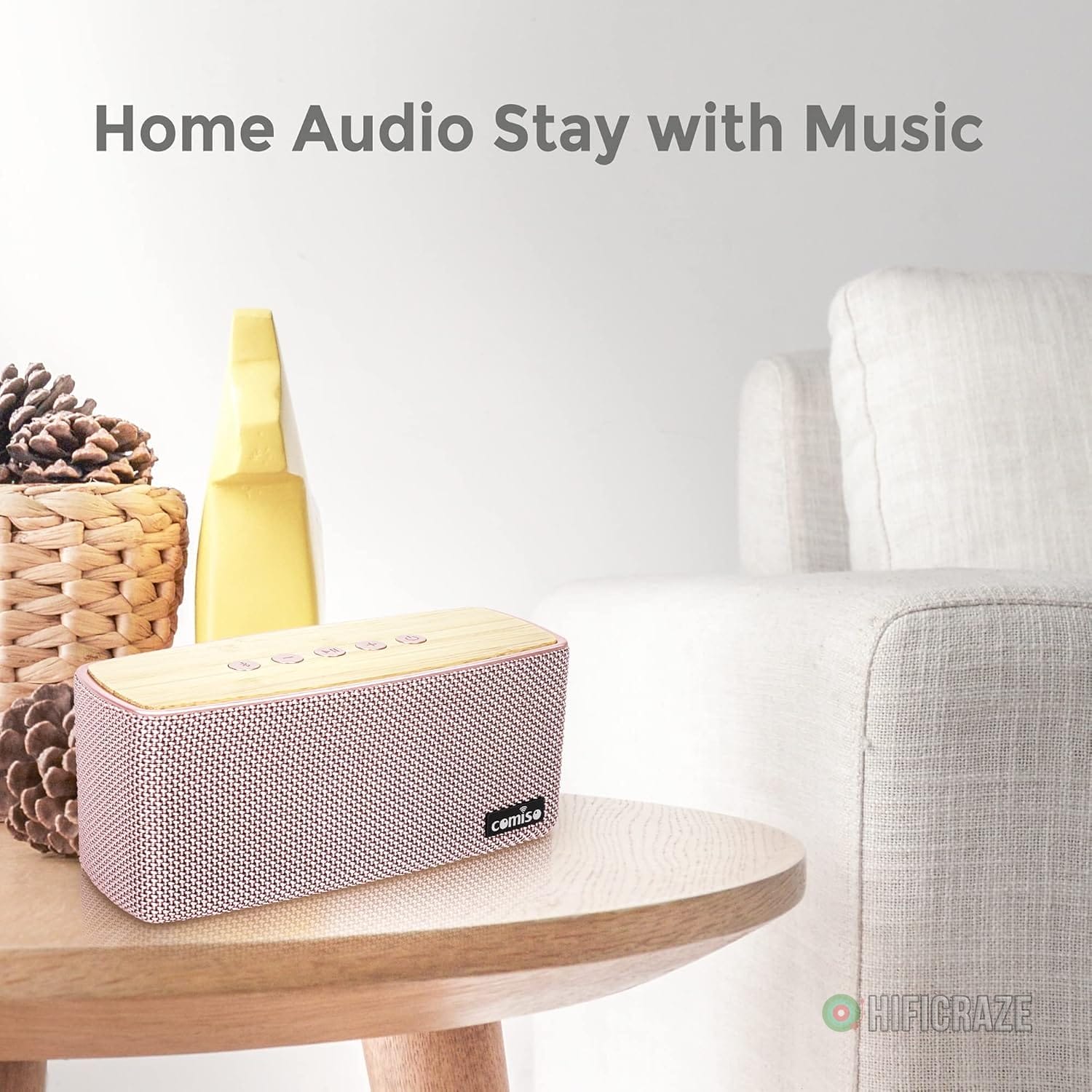 comiso Bluetooth Speakers, 20W Loud Wood Home Audio Outdoor Portable Wireless Speaker, Subwoofer Tweeters for Super Bass Stereo Sound Bluetooth 5.0 Handsfree 24H Playtime (Pink) - Image 6