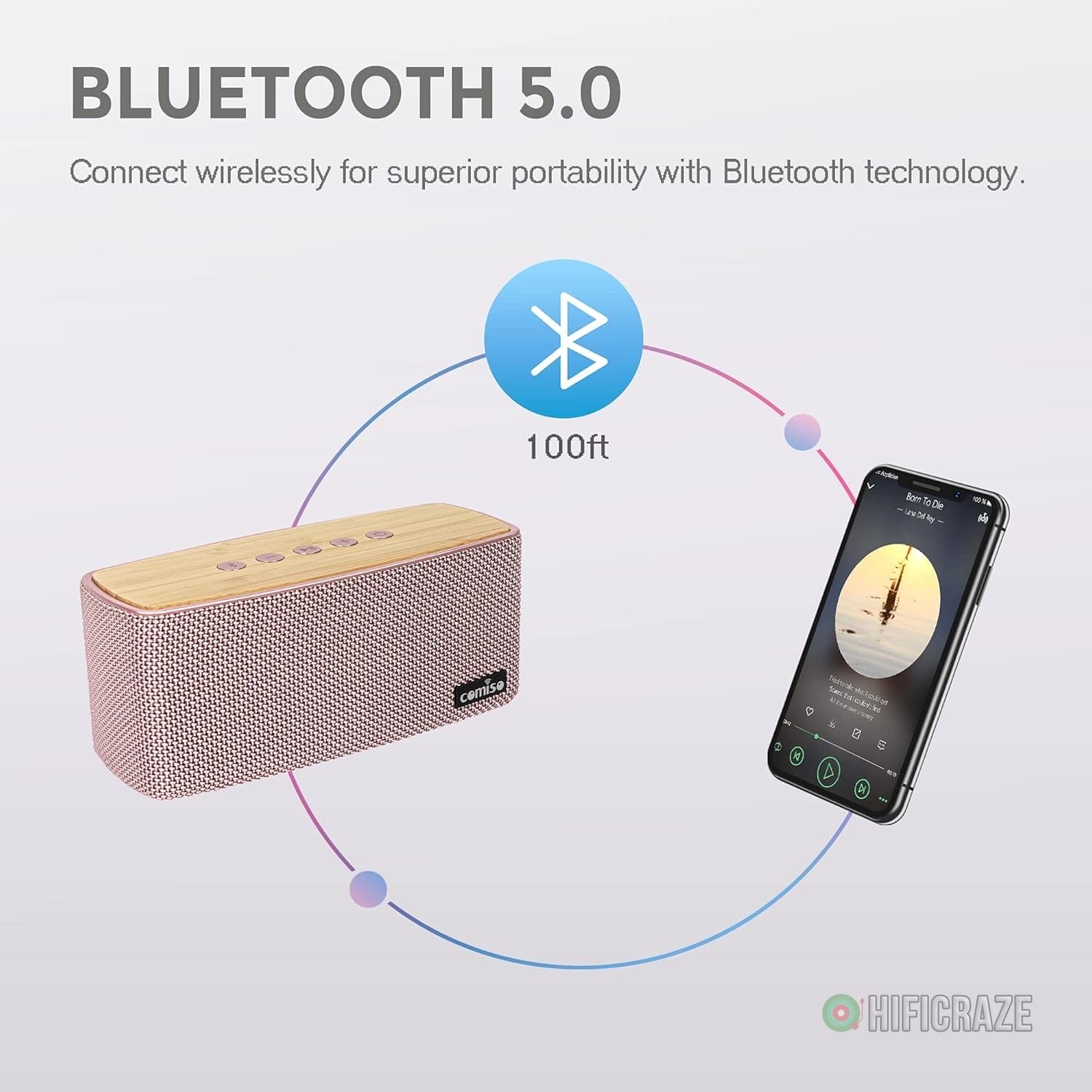 comiso Bluetooth Speakers, 20W Loud Wood Home Audio Outdoor Portable Wireless Speaker, Subwoofer Tweeters for Super Bass Stereo Sound Bluetooth 5.0 Handsfree 24H Playtime (Pink) - Image 7