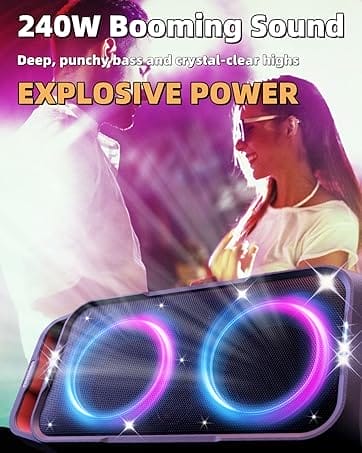 Portable Bluetooth Speaker: 240W Peak Powerful Loud Sound Deep Bass Wireless Boombox Large Subwoofer 15 Hours Battery Life Fast Charging with Led Light Show for Party Outdoor Camping Backyard 5 Product Summary