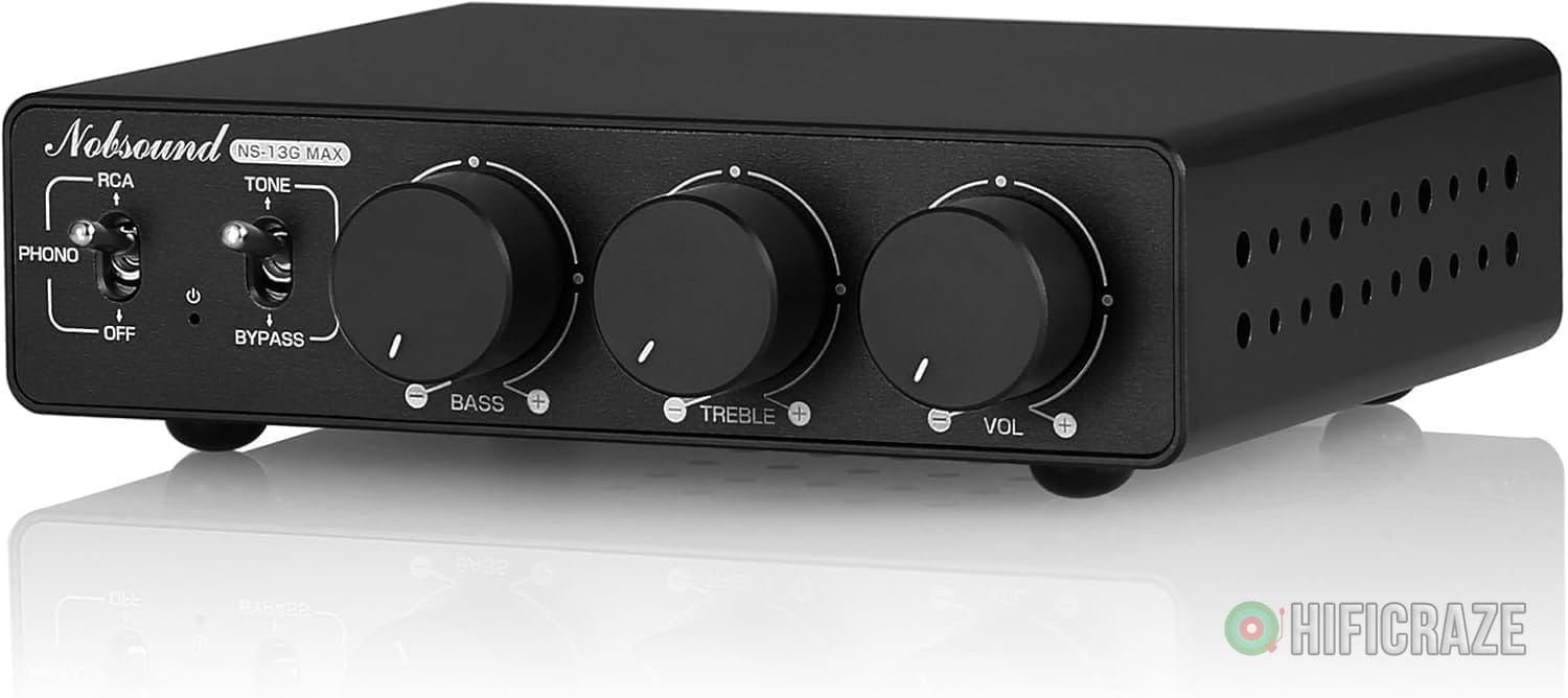 Douk Audio NS-13G MAX 300Wx2 Stereo Amplifier with Phono Input – HiFi Class D Mini Power Amp for Home Theater, Turntables, Studio Monitor | TPA3255 Chip, RCA/MM Inputs, Bass/Treble Control (DC 48V)