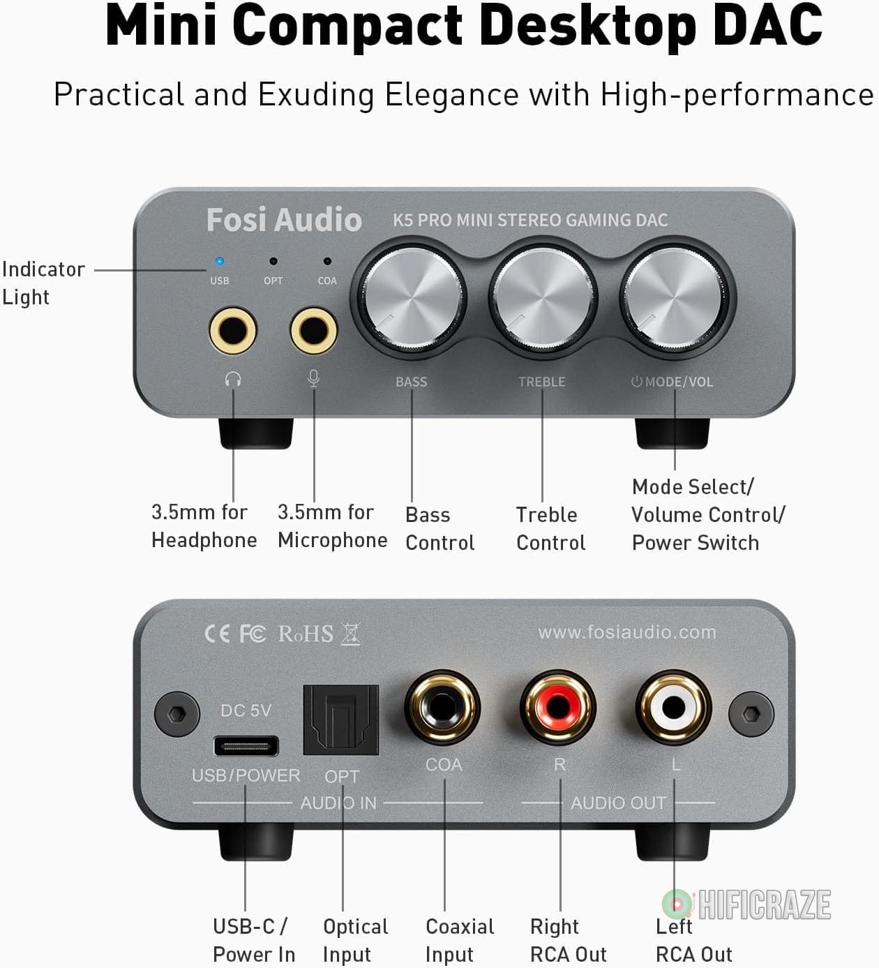 Fosi Audio K5 Pro Gaming DAC Headphone Amplifier Mini Hi-Fi Stereo Digital-to-Analog Audio Converter USB Type C/Optical/Coaxial to RCA/3.5MM AUX for PS5/PC/MAC/Computer - Image 2