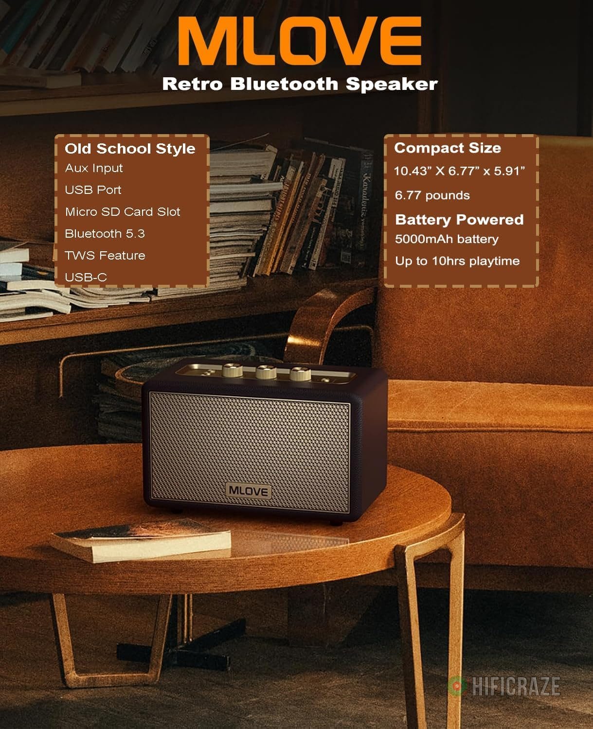 MLOVE A200 Portable Retro Bluetooth Speaker with Aux Input, USB Port, Micro SD Card Slot - Decorative Wireless Bookshelf Speakers Battery Powered, House Warming Gifts for New Home, Black and Gold - Image 2