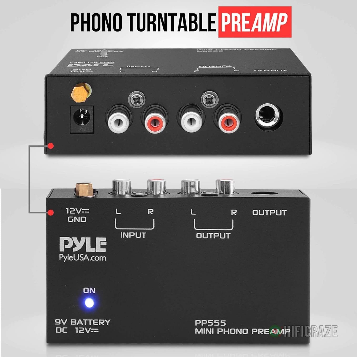 Pyle Phono Turntable Preamp - Mini Stereo Preamplifier with 9V Battery - 12V DC Power Adapter - RCA Input/Output - Low Noise - Ideal for Phonograph and Vinyl - PP555 2 Pyle Phono Turntable Preamp - Mini Stereo Preamplifier with 9V Battery - 12V DC Power Adapter - RCA Input/Output - Low Noise - Ideal for Phonograph and Vinyl - PP555 - Image 2
