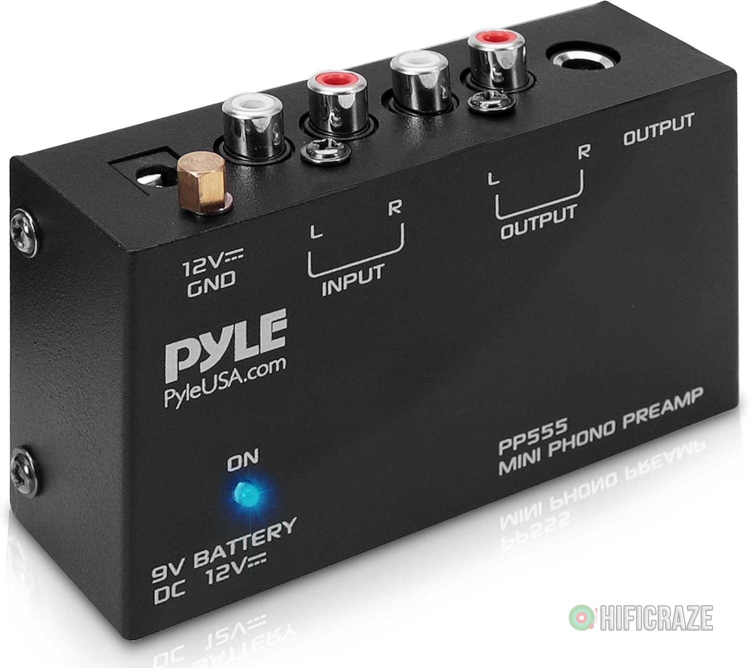 Pyle Phono Turntable Preamp – Mini Stereo Preamplifier with 9V Battery – 12V DC Power Adapter – RCA Input/Output – Low Noise – Ideal for Phonograph and Vinyl – PP555