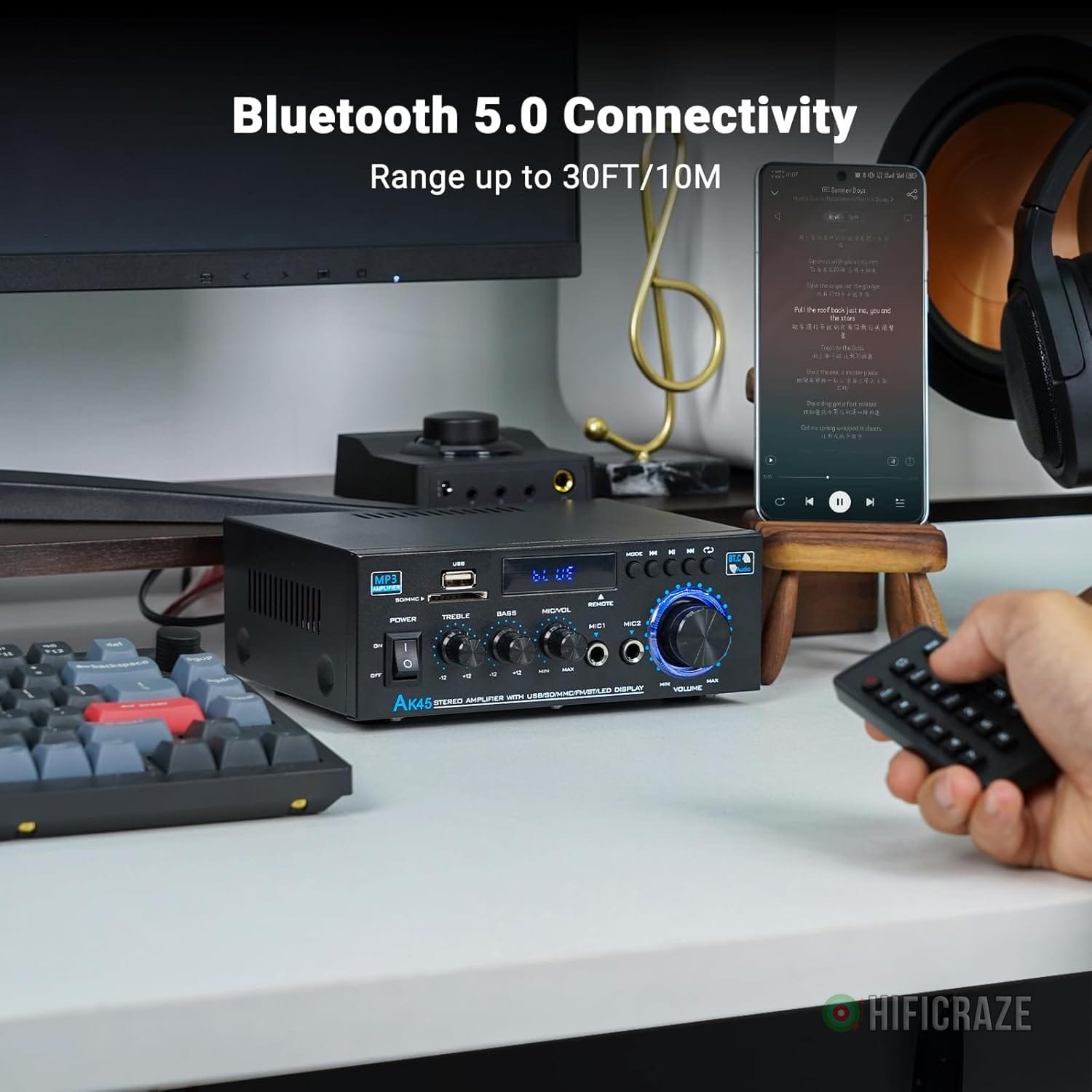 Stereo Receiver & Amplifier Home Audio Amp, AK45 Bluetooth Receiver for Home Stereo, 300Wx2, Bluetooth 5.0, 2 Channel, w/FM & Karaoke, w/USB/SD/RCA/MIC/FM in, w/Remote, for Garage Party Market - Image 2