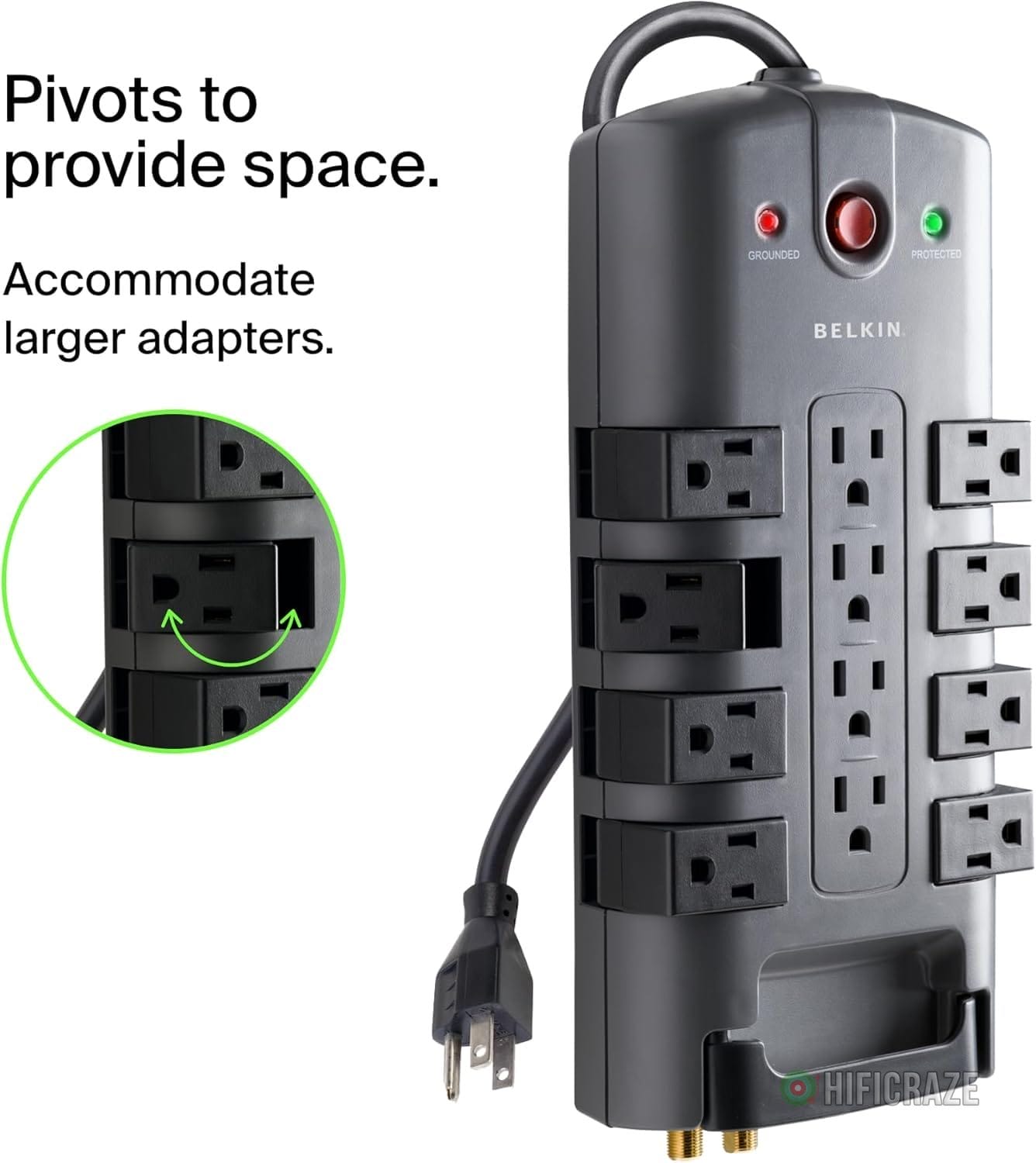 Belkin Surge Protector Power Strip w/ 8 Rotating & 4 Standard Outlets - 8ft Sturdy Extension Cord w/ Flat Pivot Plug for Home, Office, Travel, Desktop & Charging Brick - 4320 Joules of Protection - Image 5