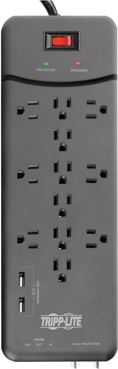 Tripp Lite TLP128TTUSBB 12 Outlet Surge Protector Power Strip, 2 USB Charging Ports, Tel/Modem/Coax Protection, 8ft Cord Right Angle Plug, Black, Lifetime Insurance & $150K Insurance - Image 5