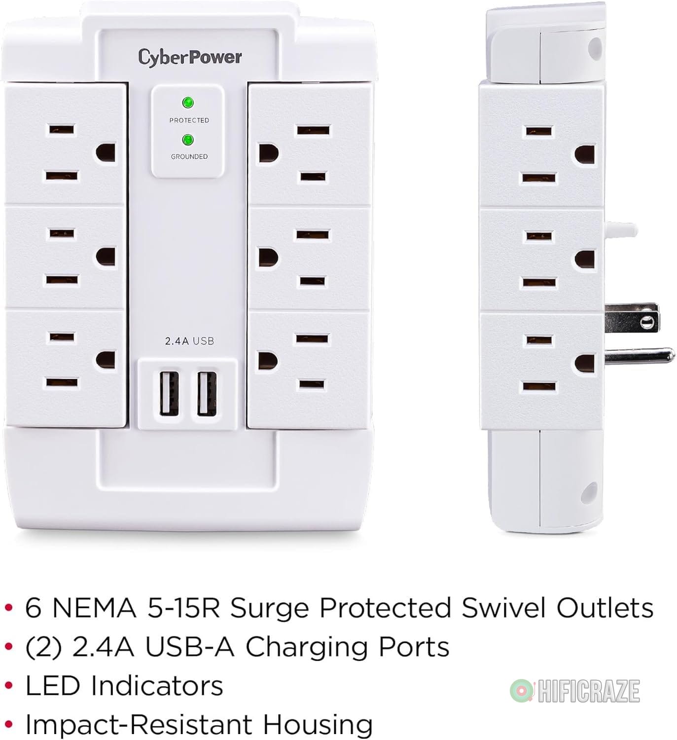 CyberPower CSP600WSURC2 Surge Protector, 1200J/125V, 6 Swivel Outlets, 2 USB Charging Ports, Wall Tap Design, White 5 CyberPower CSP600WSURC2 Surge Protector, 1200J/125V, 6 Swivel Outlets, 2 USB Charging Ports, Wall Tap Design, White - Image 5