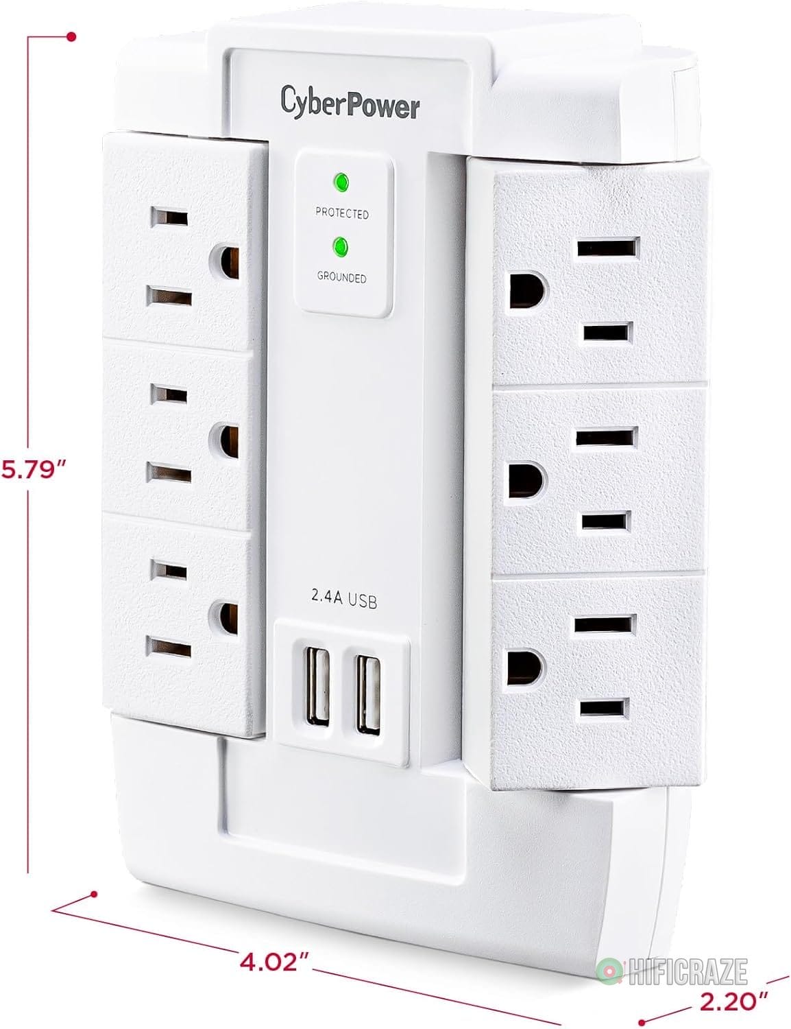 CyberPower CSP600WSURC2 Surge Protector, 1200J/125V, 6 Swivel Outlets, 2 USB Charging Ports, Wall Tap Design, White 6 CyberPower CSP600WSURC2 Surge Protector, 1200J/125V, 6 Swivel Outlets, 2 USB Charging Ports, Wall Tap Design, White - Image 6