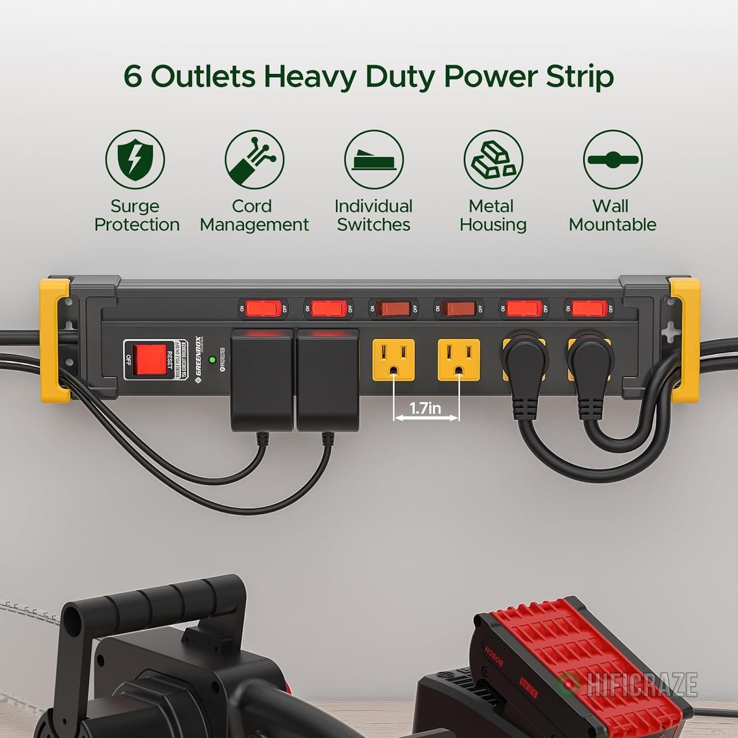 6 Outlet Heavy Duty Power Strip with Individual Switches, 3300J Surge Protector Metal Mountable Power Strip, 6FT Cord Management, Wide-Spaced, ETL Listed (15A/1875W) - Image 4