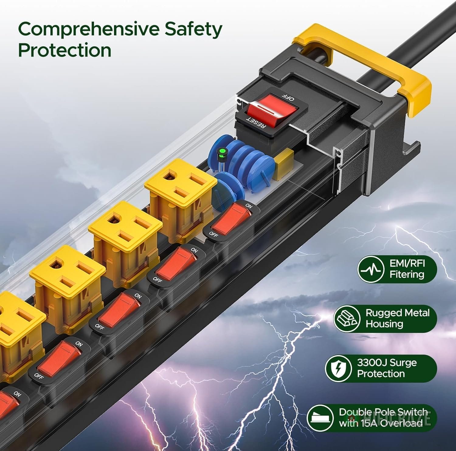 6 Outlet Heavy Duty Power Strip with Individual Switches, 3300J Surge Protector Metal Mountable Power Strip, 6FT Cord Management, Wide-Spaced, ETL Listed (15A/1875W) - Image 5