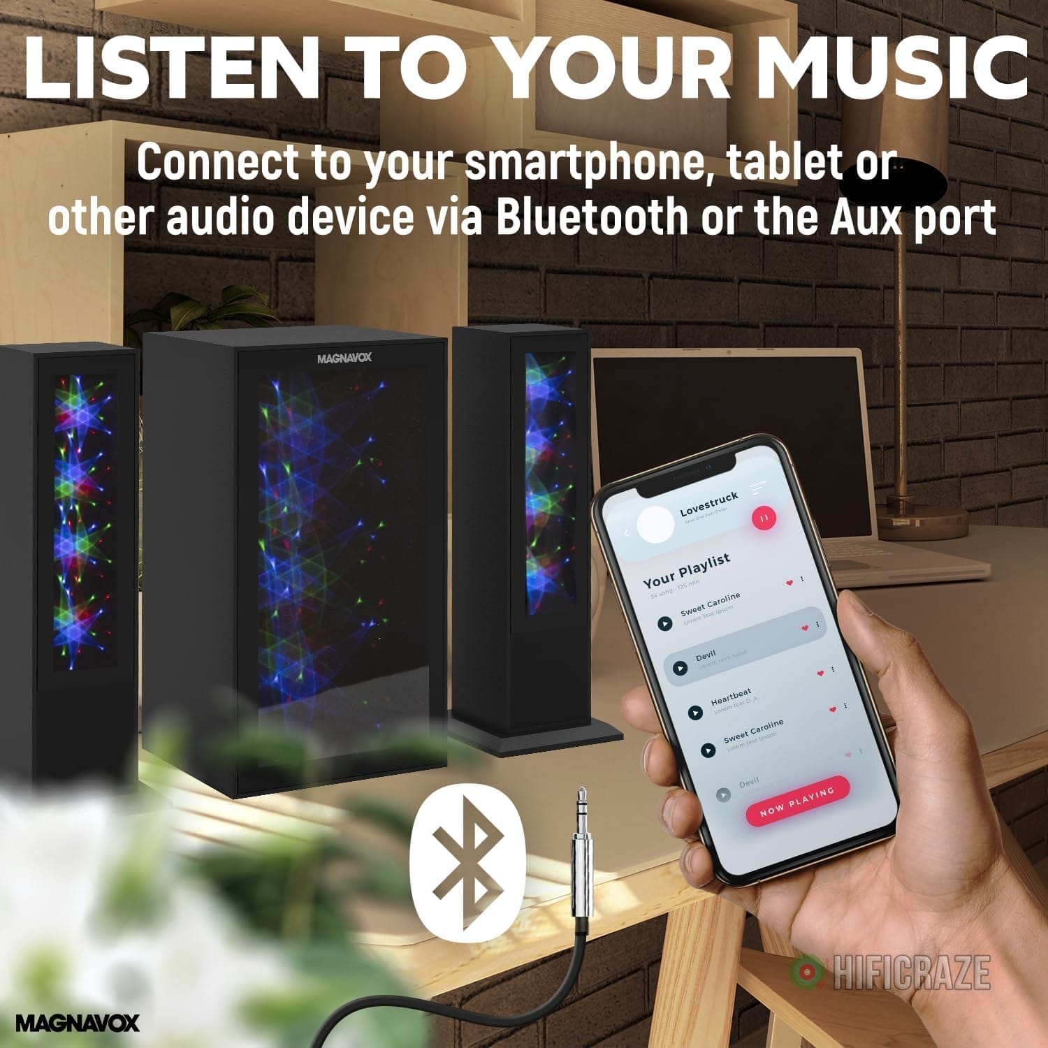 Magnavox MHT990 2.1 Home Entertainment System with Bluetooth Wireless Technology and Color Changing Lights in Black | AUX Port | Subwoofer with 2 Speakers | Pulsing Lights | 4 Magnavox MHT990 2.1 Home Entertainment System with Bluetooth Wireless Technology and Color Changing Lights in Black | AUX Port | Subwoofer with 2 Speakers | Pulsing Lights | - Image 4