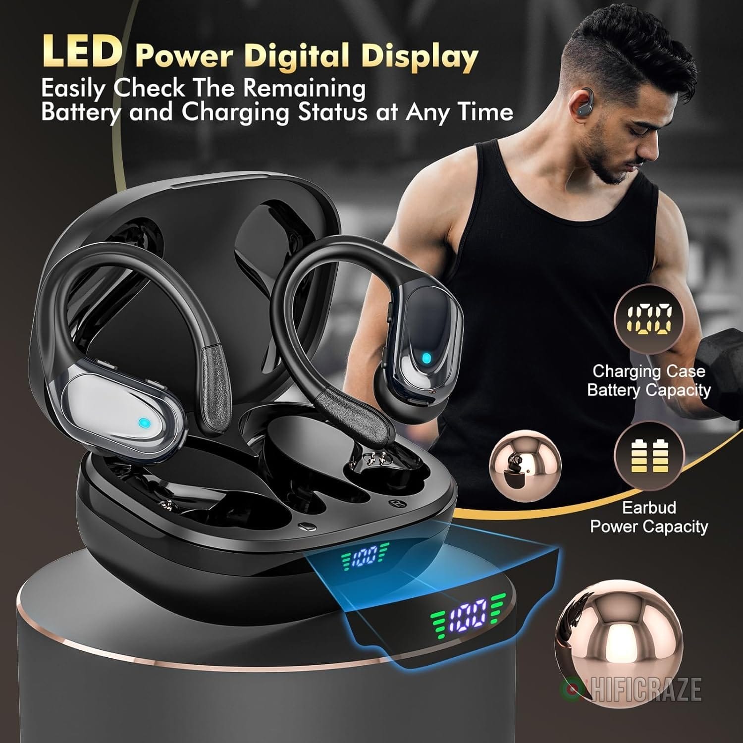 Wireless Earbuds, Sports Bluetooth Headphones, 80Hrs Playtime Ear Buds with LED Power Display, Noise Canceling Headset, IPX7 Waterproof Earphones for Workout/Running (Black) - Image 7