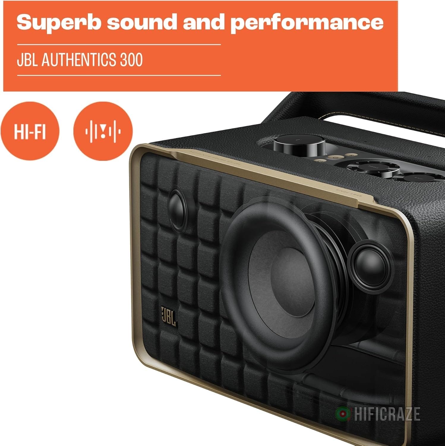 JBL Authentics 300 - Retro Style Wireless Bluetooth/WiFi Home Speaker, Built in Battery (4800mAh), Music Streaming Services via Built-in Wi-Fi, Built in Alexa and Google Assistant (Black/Gold) 3 JBL Authentics 300 - Retro Style Wireless Bluetooth/WiFi Home Speaker, Built in Battery (4800mAh), Music Streaming Services via Built-in Wi-Fi, Built in Alexa and Google Assistant (Black/Gold) - Image 3