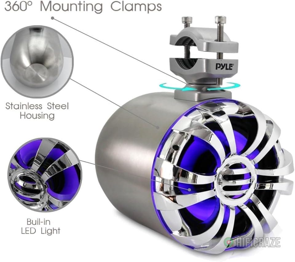 Pyle Marine Speakers - 5.25 Inch Waterproof IP44 Rated Wakeboard Tower and Weather Resistant Outdoor Audio Stereo Sound System with Built-in LED Lights - 1 Pair in Silver (PLMRWB50L) 3 Pyle Marine Speakers - 5.25 Inch Waterproof IP44 Rated Wakeboard Tower and Weather Resistant Outdoor Audio Stereo Sound System with Built-in LED Lights - 1 Pair in Silver (PLMRWB50L) - Image 3