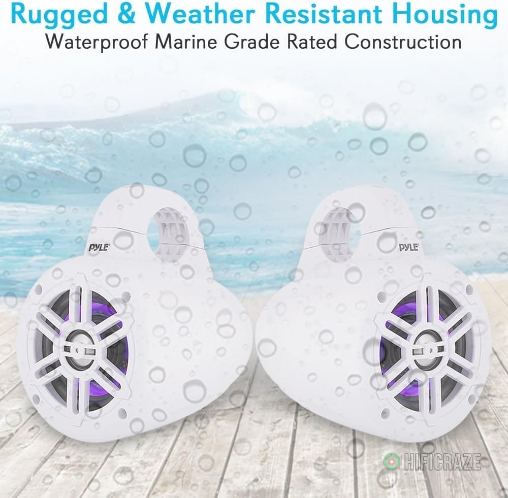 Pyle Waterproof Marine Wakeboard Tower Speakers - 4in Dual Subwoofer Speaker Set w/LED Lights & Bluetooth for Wireless Music Streaming - Boat Audio System w/Mounting Clamps PLMRLEWB47WB (White) 3 Pyle Waterproof Marine Wakeboard Tower Speakers - 4in Dual Subwoofer Speaker Set w/LED Lights & Bluetooth for Wireless Music Streaming - Boat Audio System w/Mounting Clamps PLMRLEWB47WB (White) - Image 3