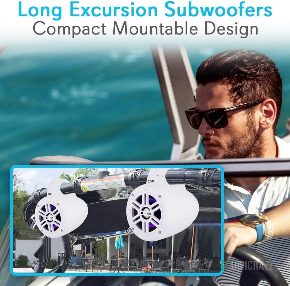 Pyle Waterproof Marine Wakeboard Tower Speakers - 4in Dual Subwoofer Speaker Set w/LED Lights & Bluetooth for Wireless Music Streaming - Boat Audio System w/Mounting Clamps PLMRLEWB47WB (White) 5 Pyle Waterproof Marine Wakeboard Tower Speakers - 4in Dual Subwoofer Speaker Set w/LED Lights & Bluetooth for Wireless Music Streaming - Boat Audio System w/Mounting Clamps PLMRLEWB47WB (White) - Image 5