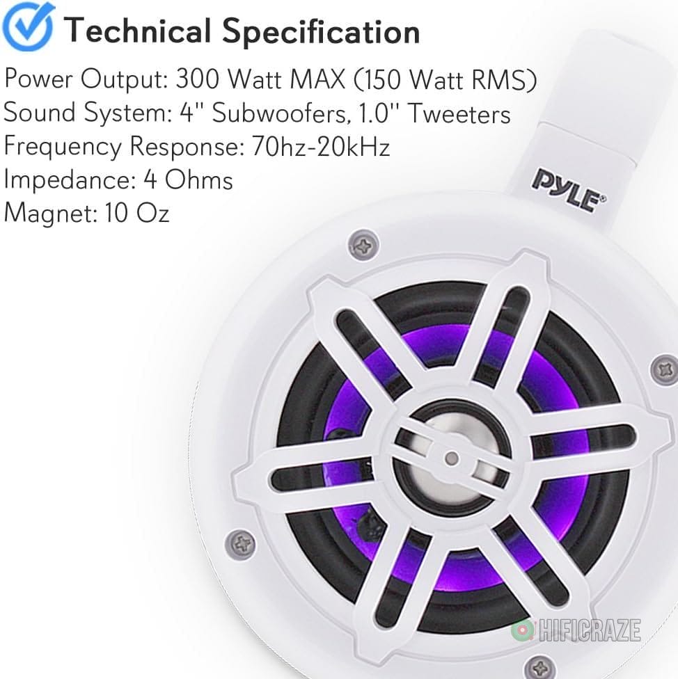 Pyle Waterproof Marine Wakeboard Tower Speakers - 4in Dual Subwoofer Speaker Set w/LED Lights & Bluetooth for Wireless Music Streaming - Boat Audio System w/Mounting Clamps PLMRLEWB47WB (White) 6 Pyle Waterproof Marine Wakeboard Tower Speakers - 4in Dual Subwoofer Speaker Set w/LED Lights & Bluetooth for Wireless Music Streaming - Boat Audio System w/Mounting Clamps PLMRLEWB47WB (White) - Image 6