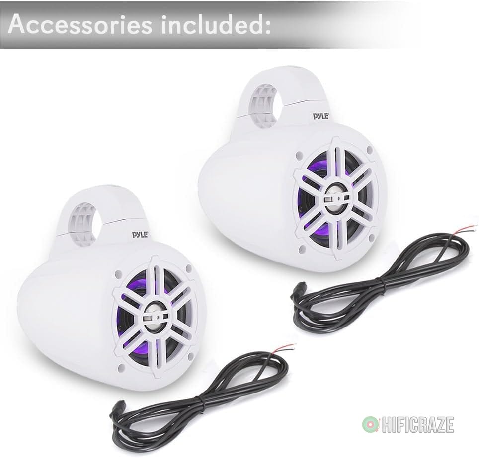 Pyle Waterproof Marine Wakeboard Tower Speakers - 4in Dual Subwoofer Speaker Set w/LED Lights & Bluetooth for Wireless Music Streaming - Boat Audio System w/Mounting Clamps PLMRLEWB47WB (White) 7 Pyle Waterproof Marine Wakeboard Tower Speakers - 4in Dual Subwoofer Speaker Set w/LED Lights & Bluetooth for Wireless Music Streaming - Boat Audio System w/Mounting Clamps PLMRLEWB47WB (White) - Image 7