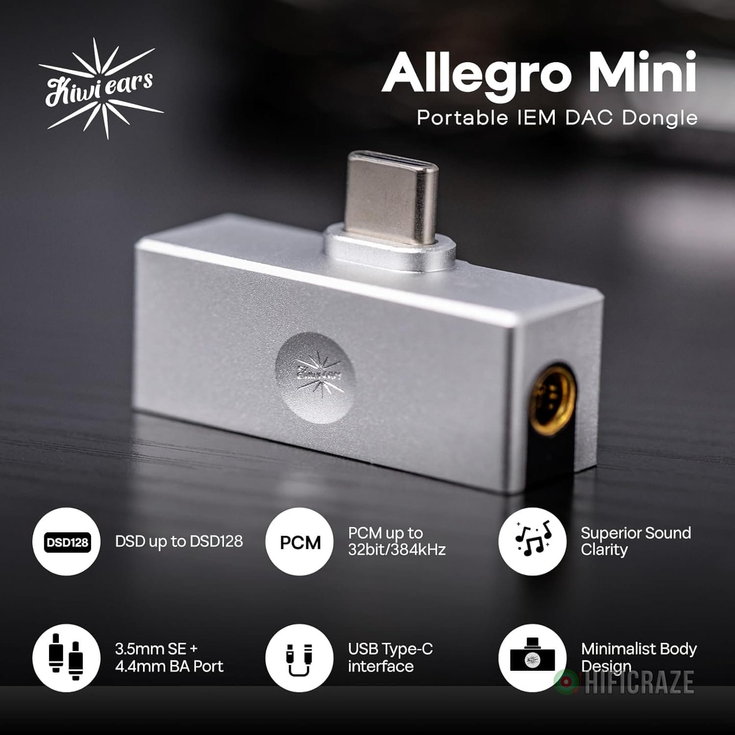 Linsoul Kiwi Ears Allegro Mini Portable IEM DAC, in Ear Monitor Amplifier, USB C to 3.5/4.4mm Output, with Custom Chip, High Resolution 32bit/384kHz, HiFi Earbuds Amp for Phone/PC - Image 3