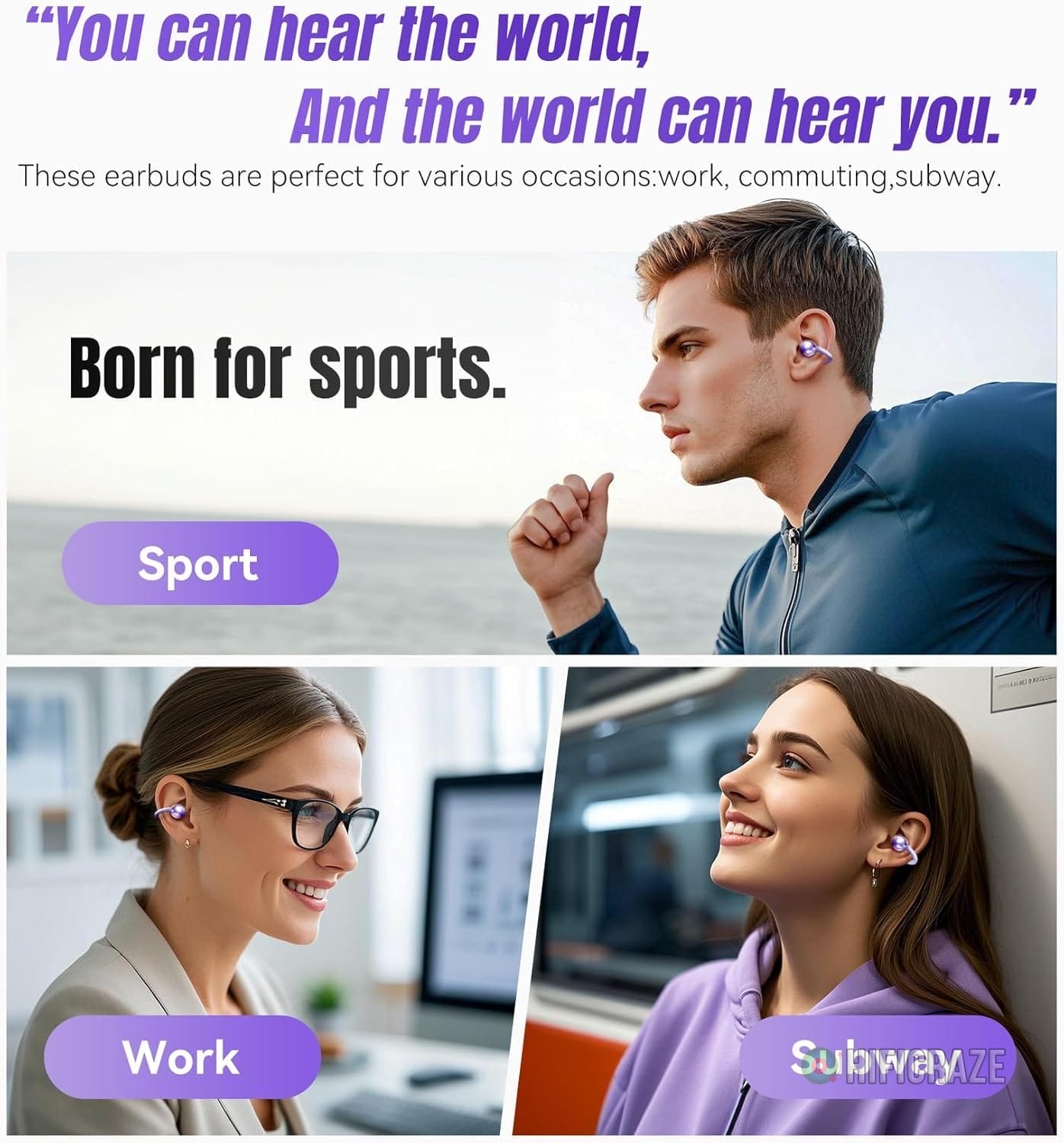 King Lucky Clip on Earbuds Open Ear Wireless Bluetooth 5.4 Headphones with Mic, 50H Play, Noise Cancelling, Waterproof, Comfortable for Small Ears & Glasses Wearers, Sports, Workouts, Purple - Image 6
