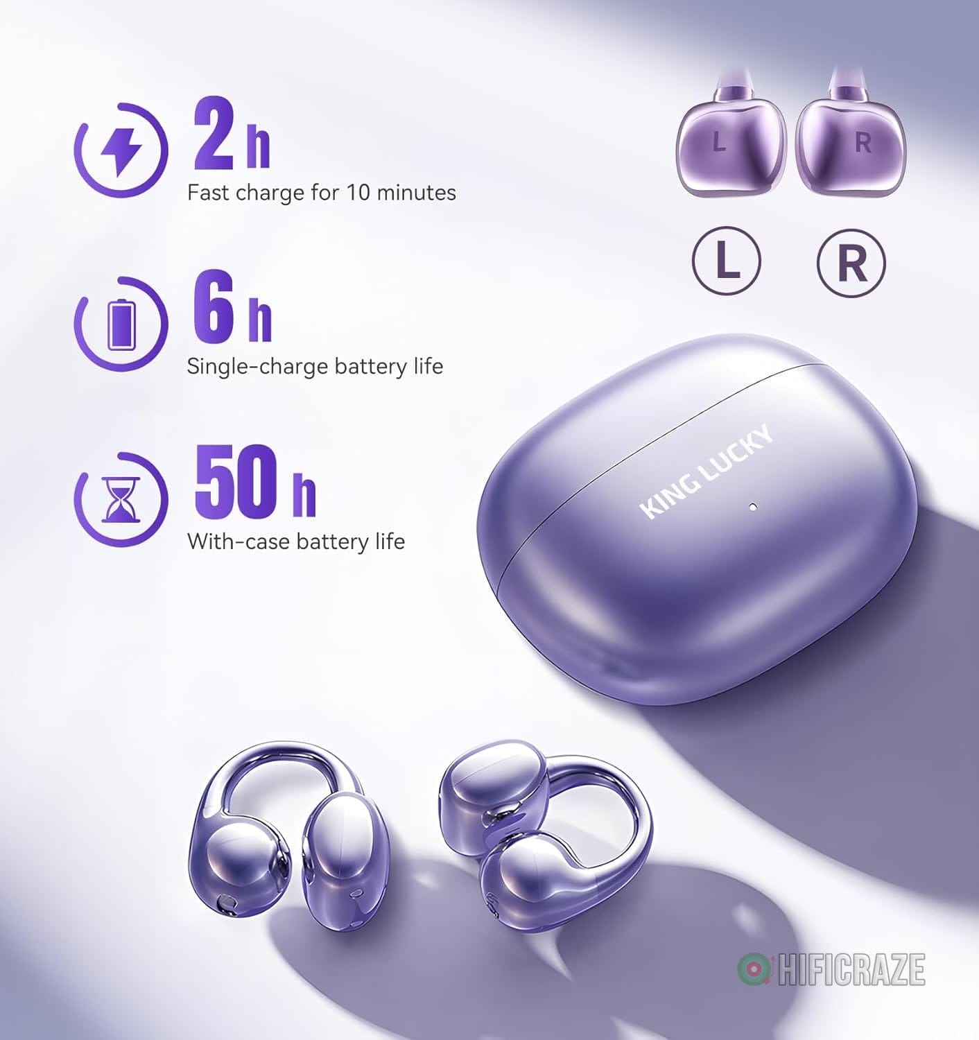 King Lucky Clip on Earbuds Open Ear Wireless Bluetooth 5.4 Headphones with Mic, 50H Play, Noise Cancelling, Waterproof, Comfortable for Small Ears & Glasses Wearers, Sports, Workouts, Purple - Image 7