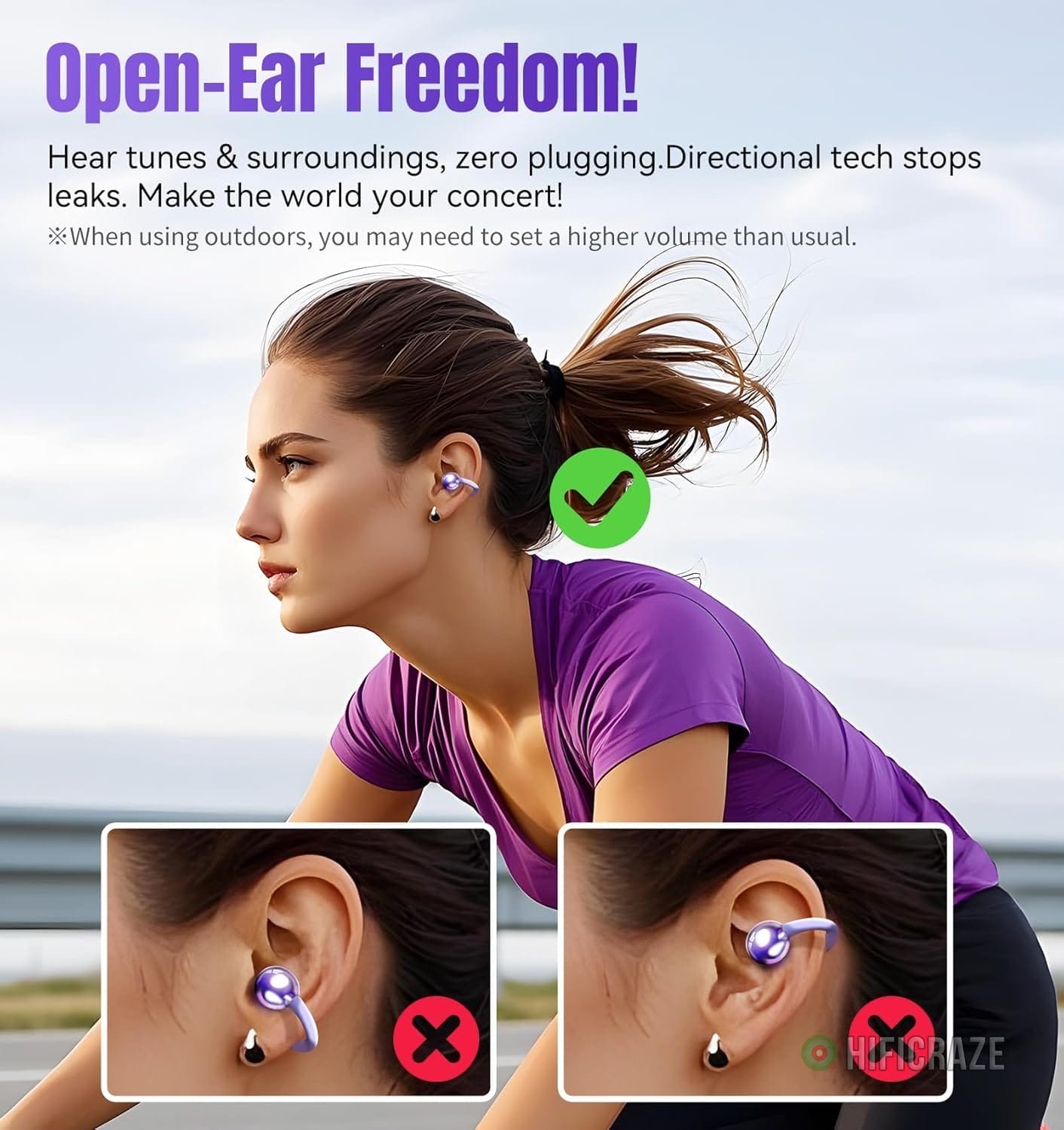 King Lucky Clip on Earbuds Open Ear Wireless Bluetooth 5.4 Headphones with Mic, 50H Play, Noise Cancelling, Waterproof, Comfortable for Small Ears & Glasses Wearers, Sports, Workouts, Purple - Image 8