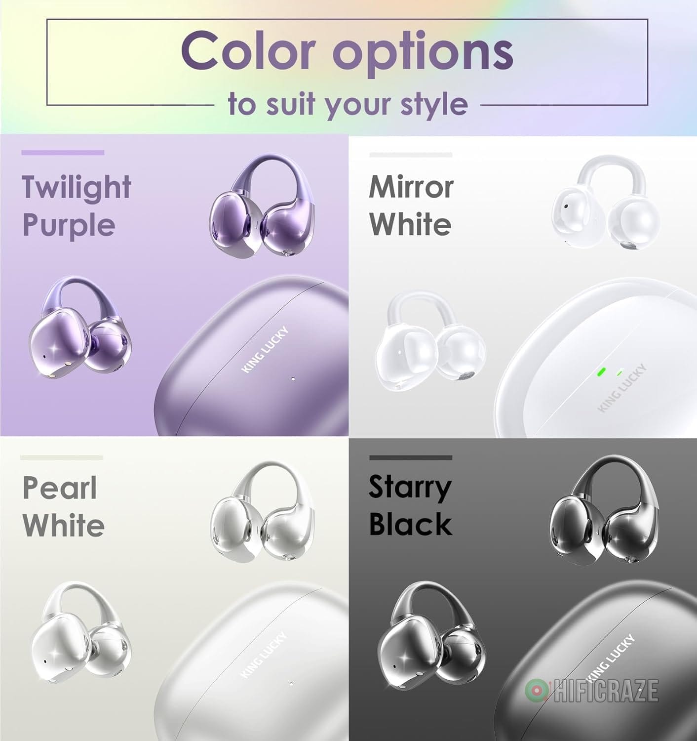 King Lucky Clip on Earbuds Open Ear Wireless Bluetooth 5.4 Headphones with Mic, 50H Play, Noise Cancelling, Waterproof, Comfortable for Small Ears & Glasses Wearers, Sports, Workouts, Purple - Image 9