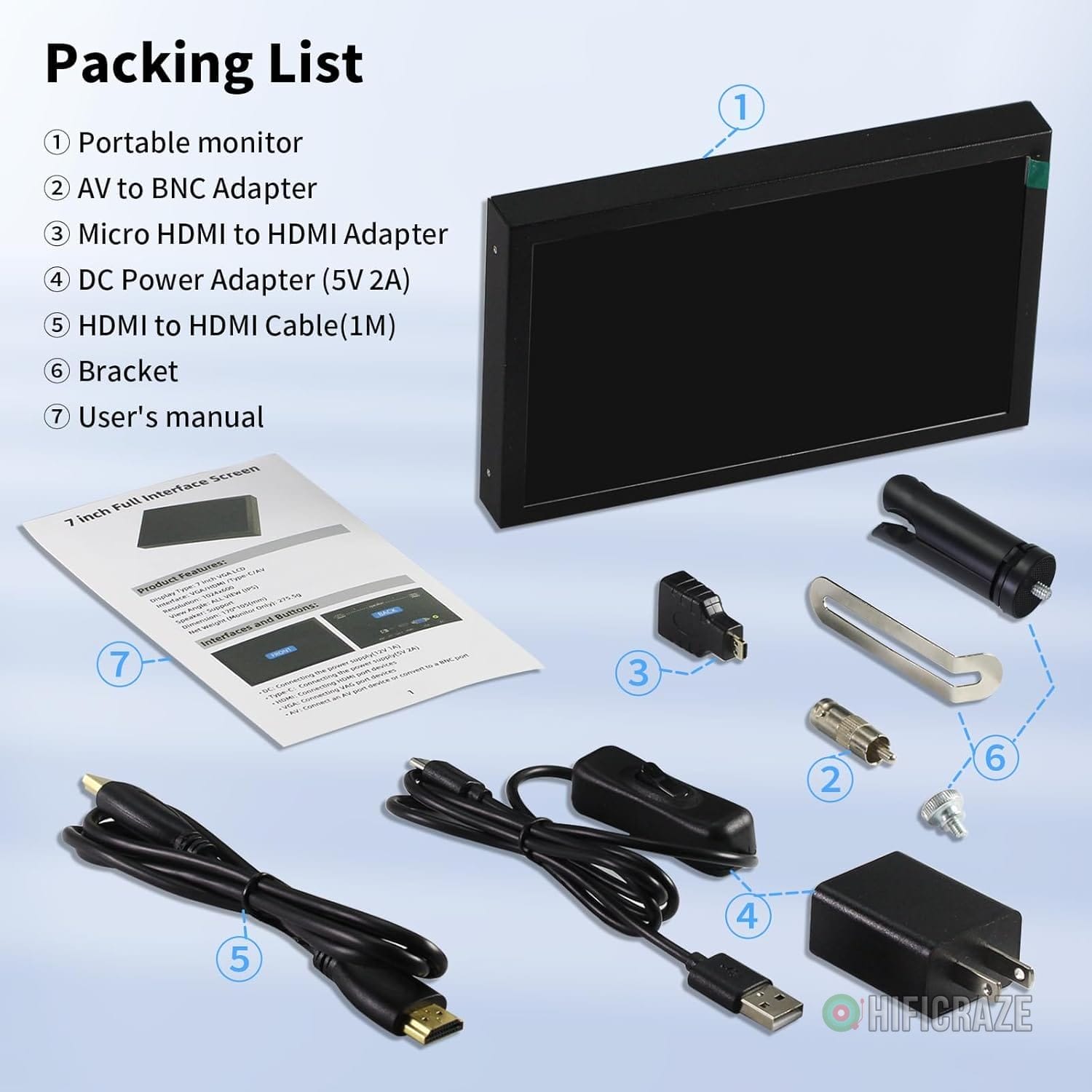 7 Inch Mini Monitor HDMI, Portable Vga Monitor with AV BNC 1024×600 LCD Screen with Built-in Speakers, 178° View Angle IPS, Multi-Function Mini Small Display for Raspberry Pi PC/TV/DVD/CVBS - Image 8
