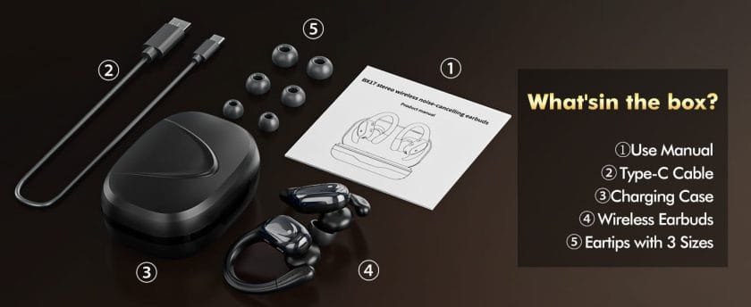 Wireless Earbuds, Sports Bluetooth Headphones, 80Hrs Playtime Ear Buds with LED Power Display, Noise Canceling Headset, IPX7 Waterproof Earphones for Workout/Running (Black) 13 earbuds with complete accessories suite