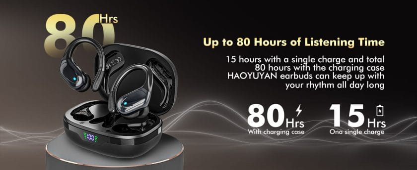 Wireless Earbuds, Sports Bluetooth Headphones, 80Hrs Playtime Ear Buds with LED Power Display, Noise Canceling Headset, IPX7 Waterproof Earphones for Workout/Running (Black) 11 ear buds with long battery life