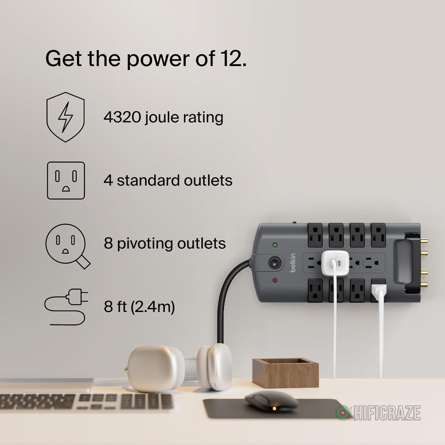 Belkin Surge Protector Power Strip w/ 8 Rotating & 4 Standard Outlets - 8ft Sturdy Extension Cord w/ Flat Pivot Plug for Home, Office, Travel, Desktop & Charging Brick - 4320 Joules of Protection - Image 2