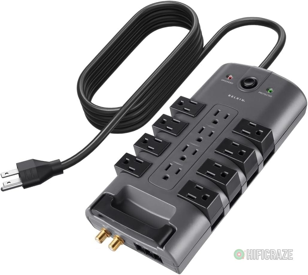 Belkin Surge Protector Power Strip w/ 8 Rotating & 4 Standard Outlets – 8ft Sturdy Extension Cord w/ Flat Pivot Plug for Home, Office, Travel, Desktop & Charging Brick – 4320 Joules of Protection