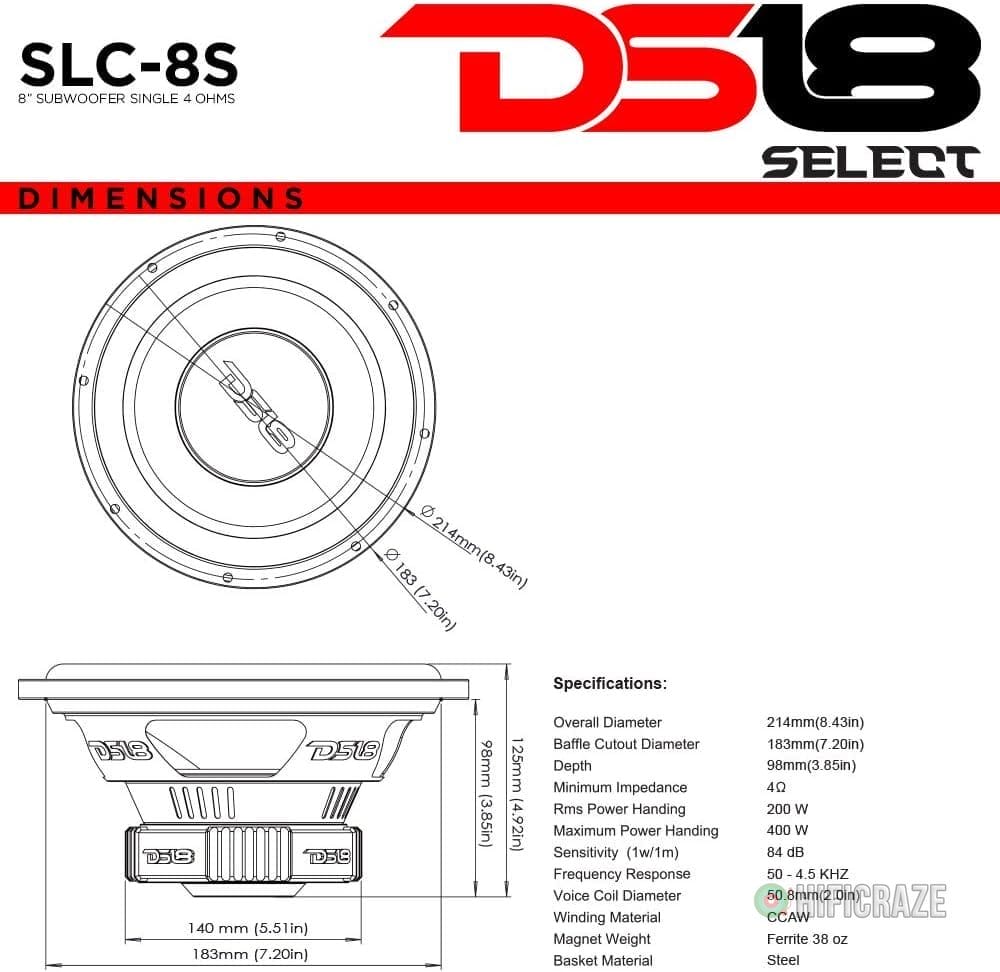 DS18 SLC-8S Subwoofer in Black - 8-Inch Speaker, 400W Max Power, 200W RMS Power, Aluminum 4 Layer Voice Coil, Black Steel Frame, SVC, 4 Ohm Impedance, Ferrite Magnet (1 Speaker) (SLC8S) 2 DS18 SLC-8S Subwoofer in Black - 8-Inch Speaker, 400W Max Power, 200W RMS Power, Aluminum 4 Layer Voice Coil, Black Steel Frame, SVC, 4 Ohm Impedance, Ferrite Magnet (1 Speaker) (SLC8S) - Image 2