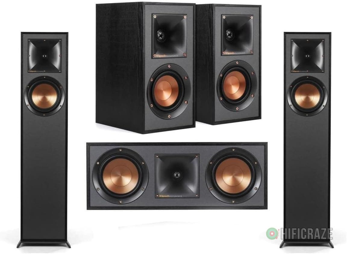 Klipsch Reference R-610F 5.0 Home Theater Pack, 2X R-610F Floorstanding Speakers + Pair, R-41M Bookshelf Home Speakers, R-52C Center Channel Home Speaker, Black