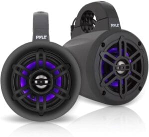Pyle Waterproof Marine Wakeboard Tower Speakers - 4 Inch Dual Subwoofer Speaker Set w/ 300 Max Power Output - Boat Audio System w/Built-in LED Lights - Mounting Clamps Included PLMRLEWB46B (Black)