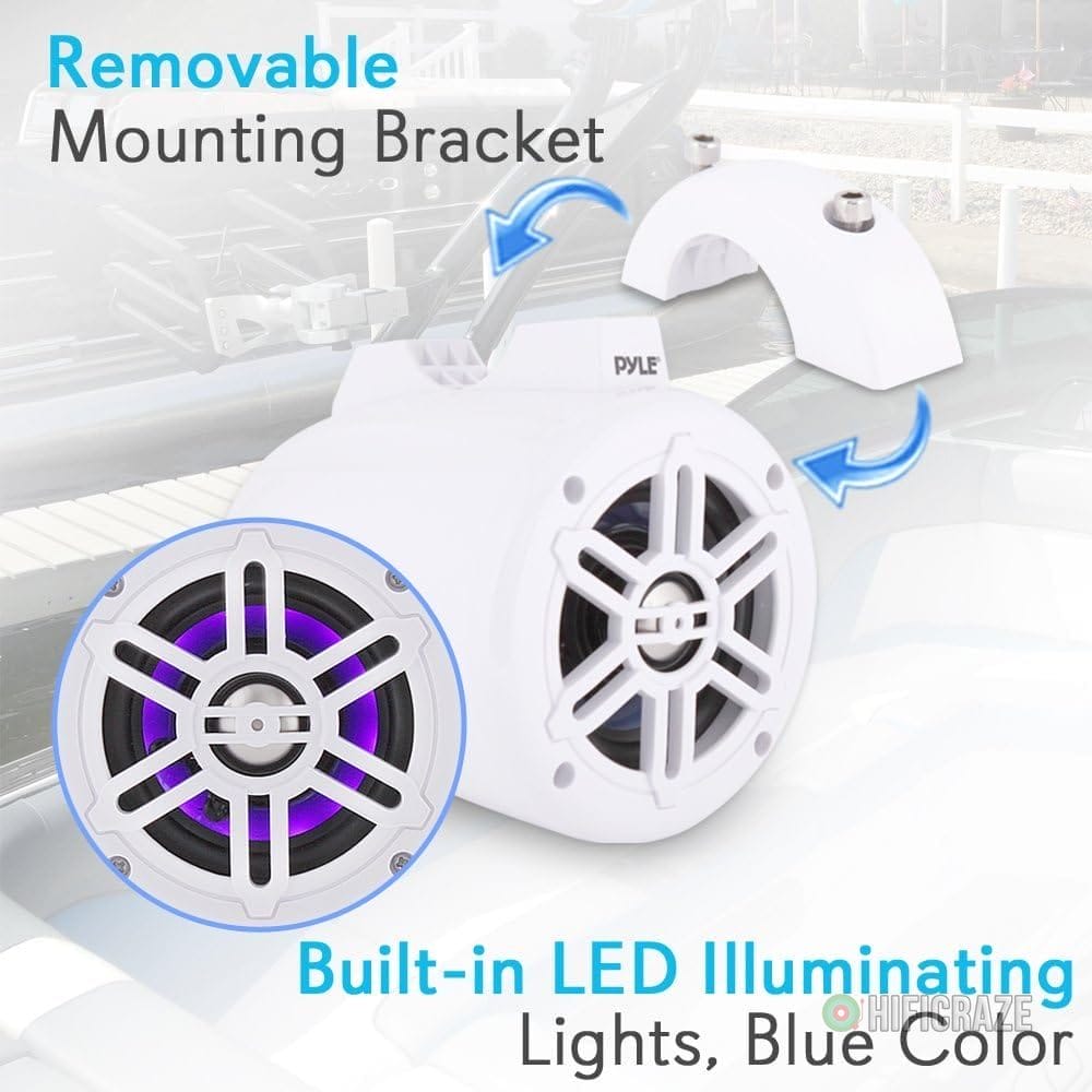 Pyle Waterproof Marine Wakeboard Tower Speakers - 4in Dual Subwoofer Speaker Set w/LED Lights & Bluetooth for Wireless Music Streaming - Boat Audio System w/Mounting Clamps PLMRLEWB47WB (White) 2 Pyle Waterproof Marine Wakeboard Tower Speakers - 4in Dual Subwoofer Speaker Set w/LED Lights & Bluetooth for Wireless Music Streaming - Boat Audio System w/Mounting Clamps PLMRLEWB47WB (White) - Image 2