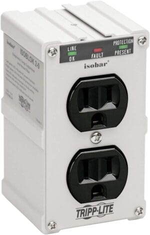 Tripp Lite Isobar ISOBLOK2-0 Heavy Duty Outlet Extender, Wall Power Strip Surge Protector, 2 Outlets, Direct Plug-in, White, Metal Power Strip, Industrial Garage Work Shop Bench